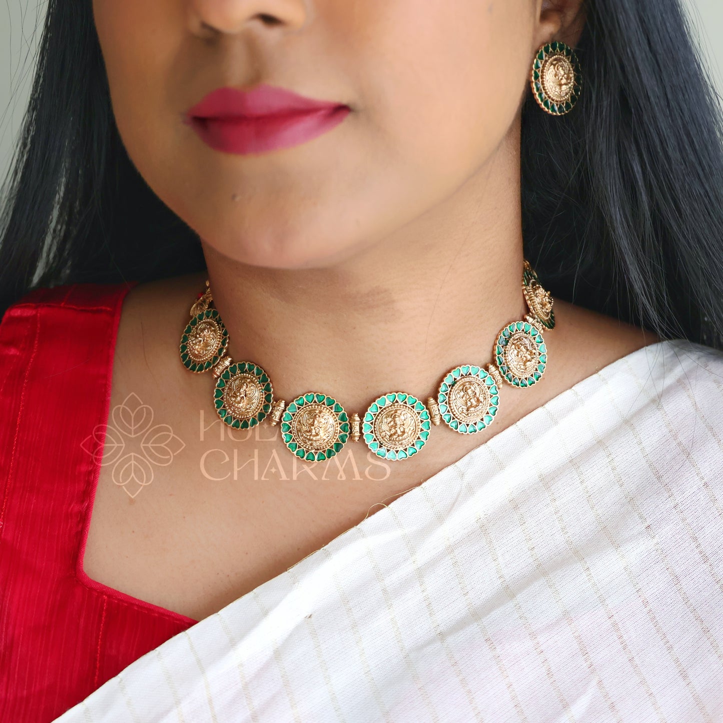 GOLDEN GREEN STATEMENT LAKSHMI NECKLACE SET