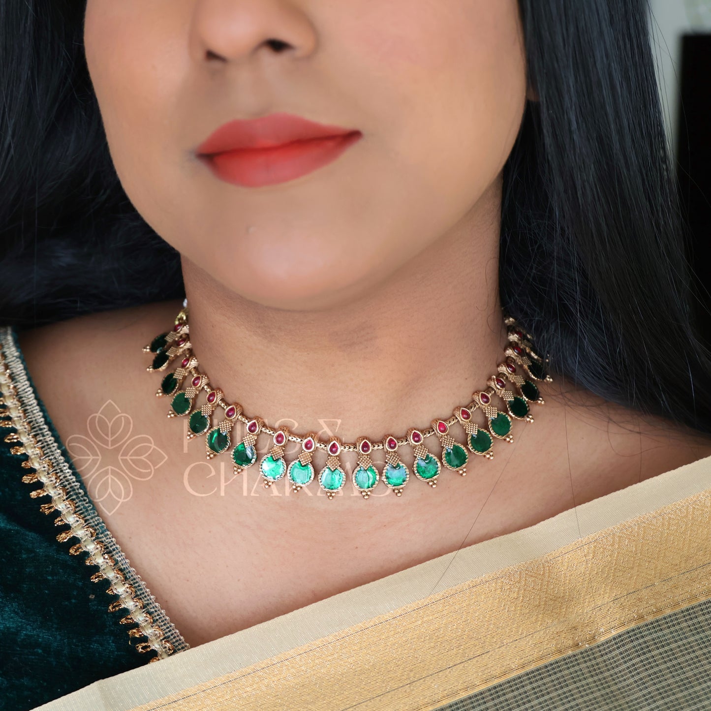 GOLDEN HARITHA PALAKKA NECKLACE SET( COLOURS AVAILABLE )