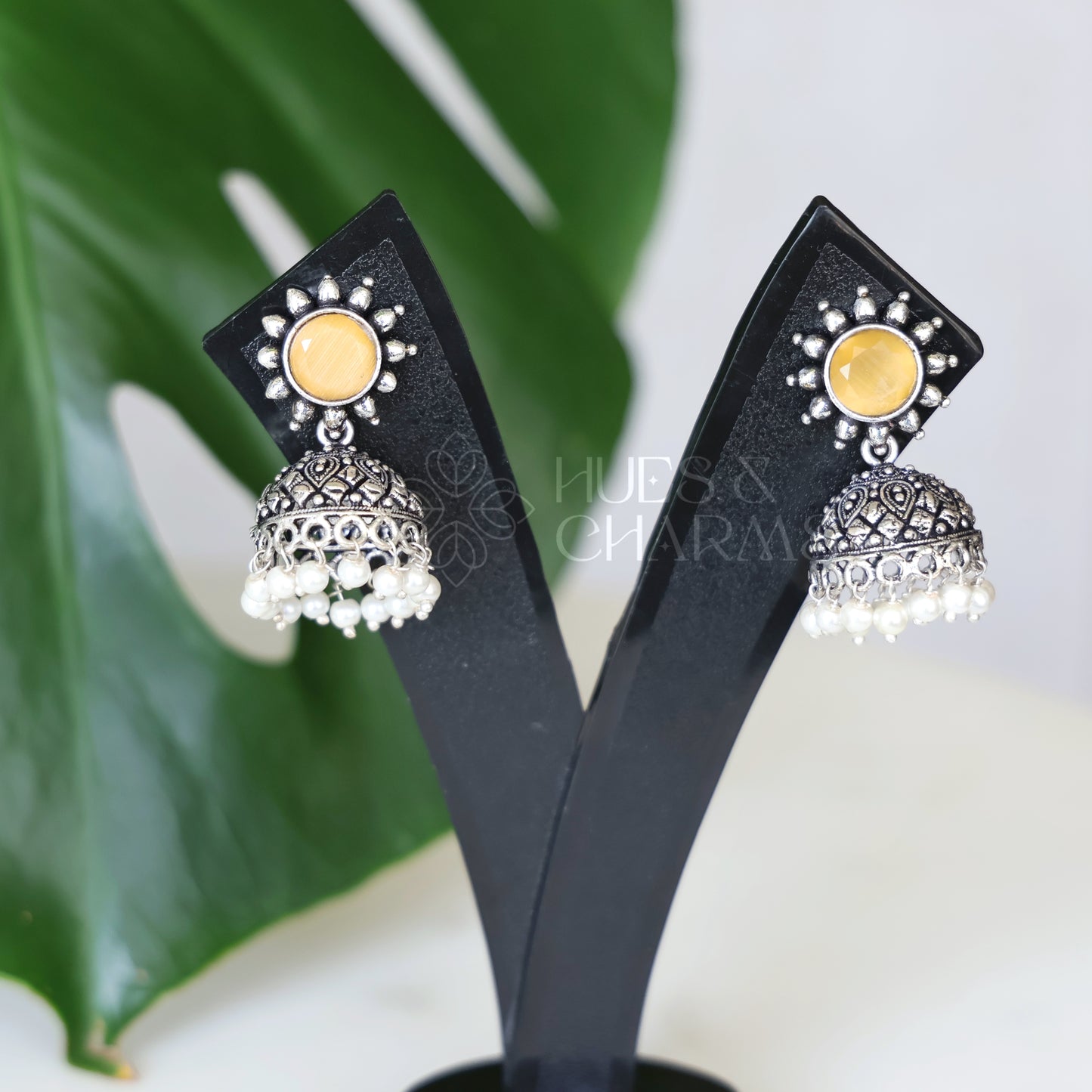 OXIDISED FLORA JHUMKAS WITH CLUSTER PEARLS( COLOURS AVAILABLE )