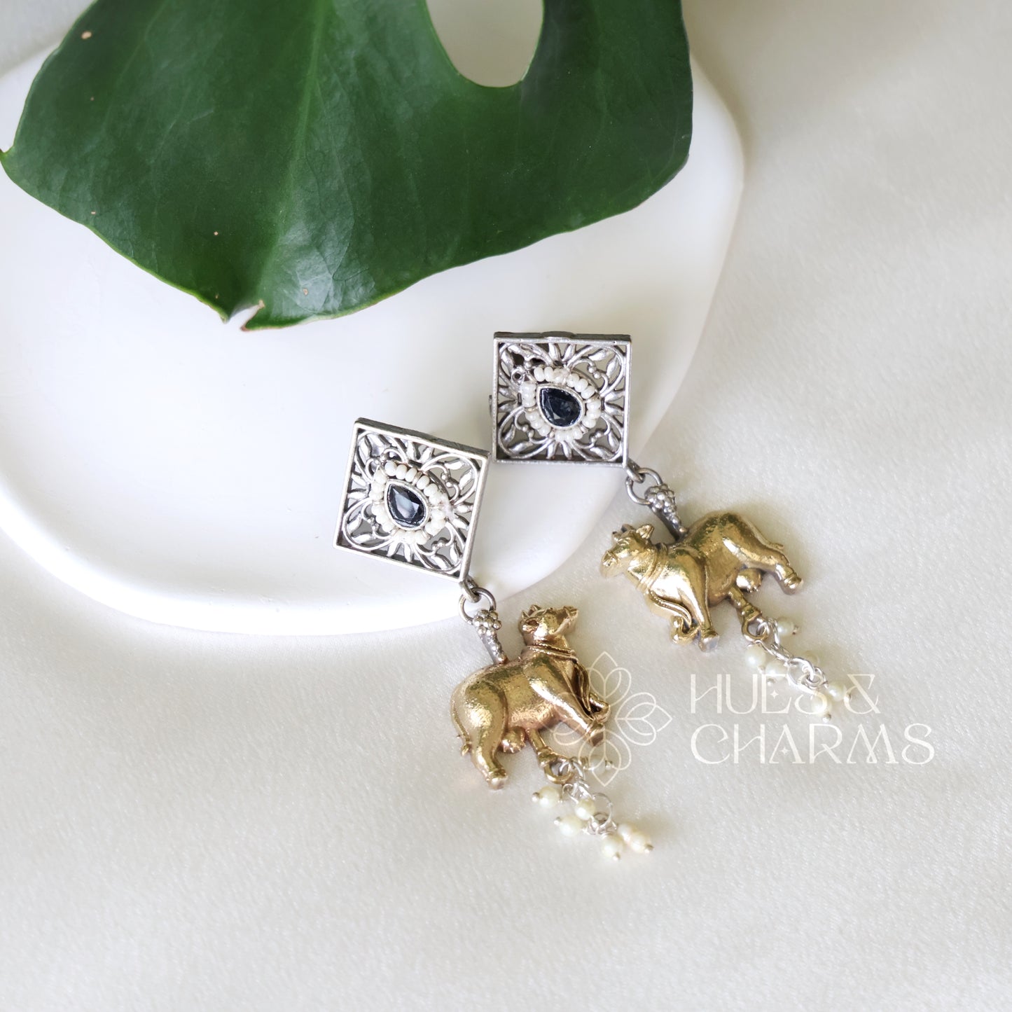 OXIDIZED DUAL TONE NANDI EARRINGS WITH CLUSTER PEARLS (Colours available )