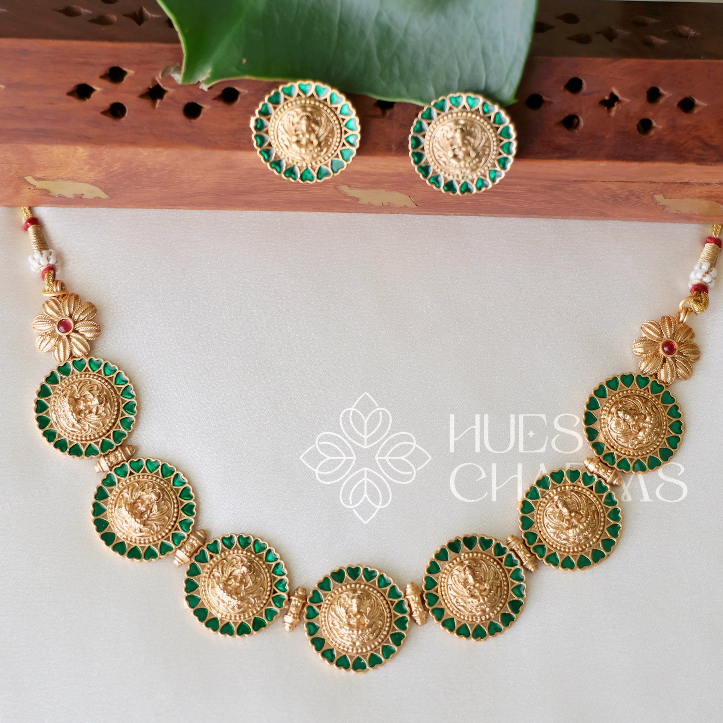 GOLDEN GREEN STATEMENT LAKSHMI NECKLACE SET