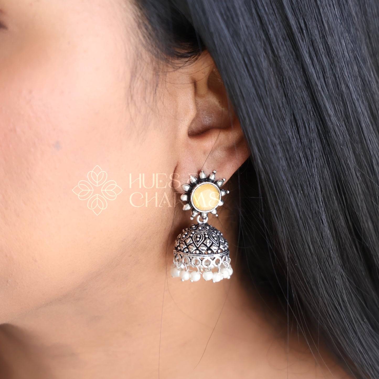 OXIDISED FLORA JHUMKAS WITH CLUSTER PEARLS( COLOURS AVAILABLE )