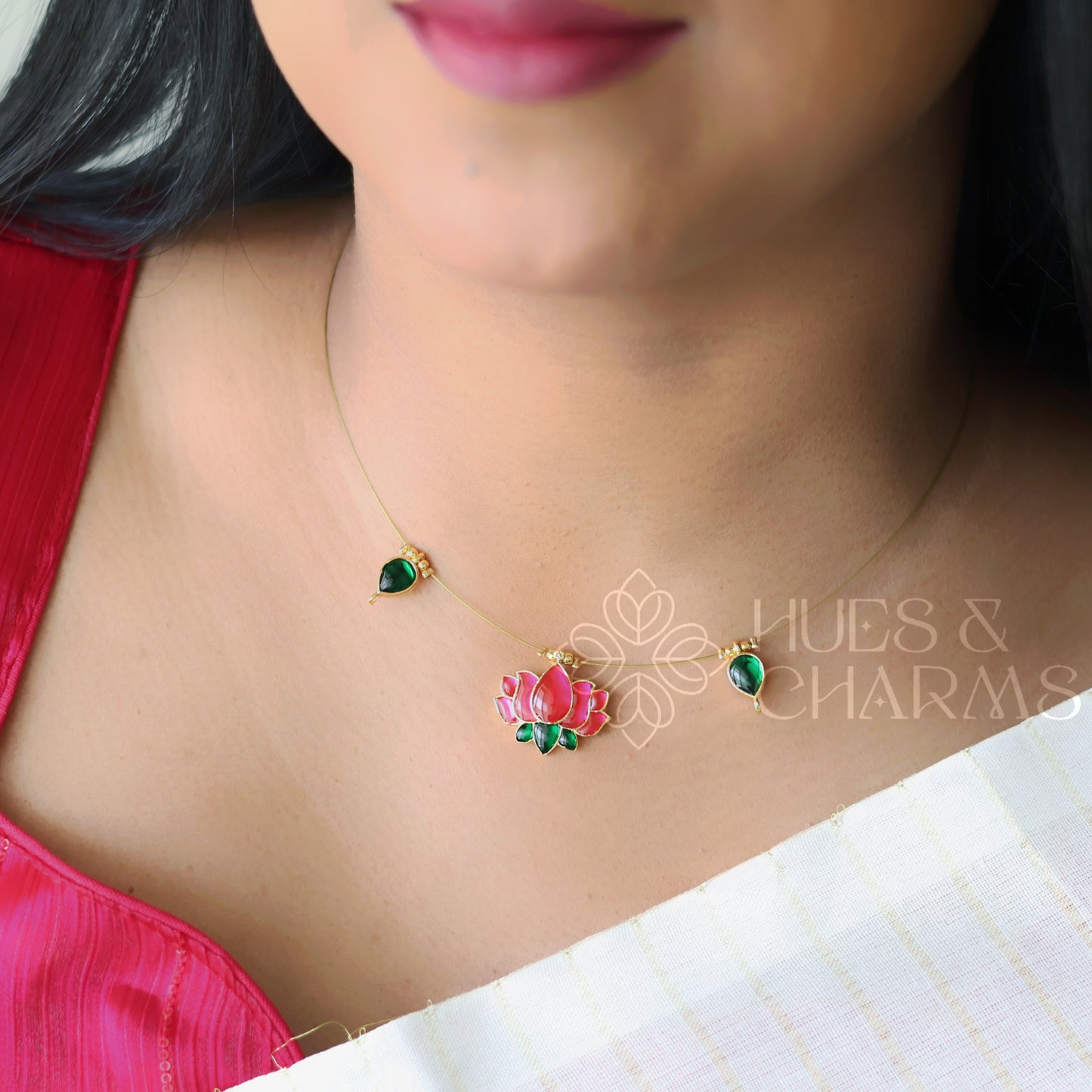 ETERNAL LOTUS FLOATING NECKPIECE- PINK AND GREEN