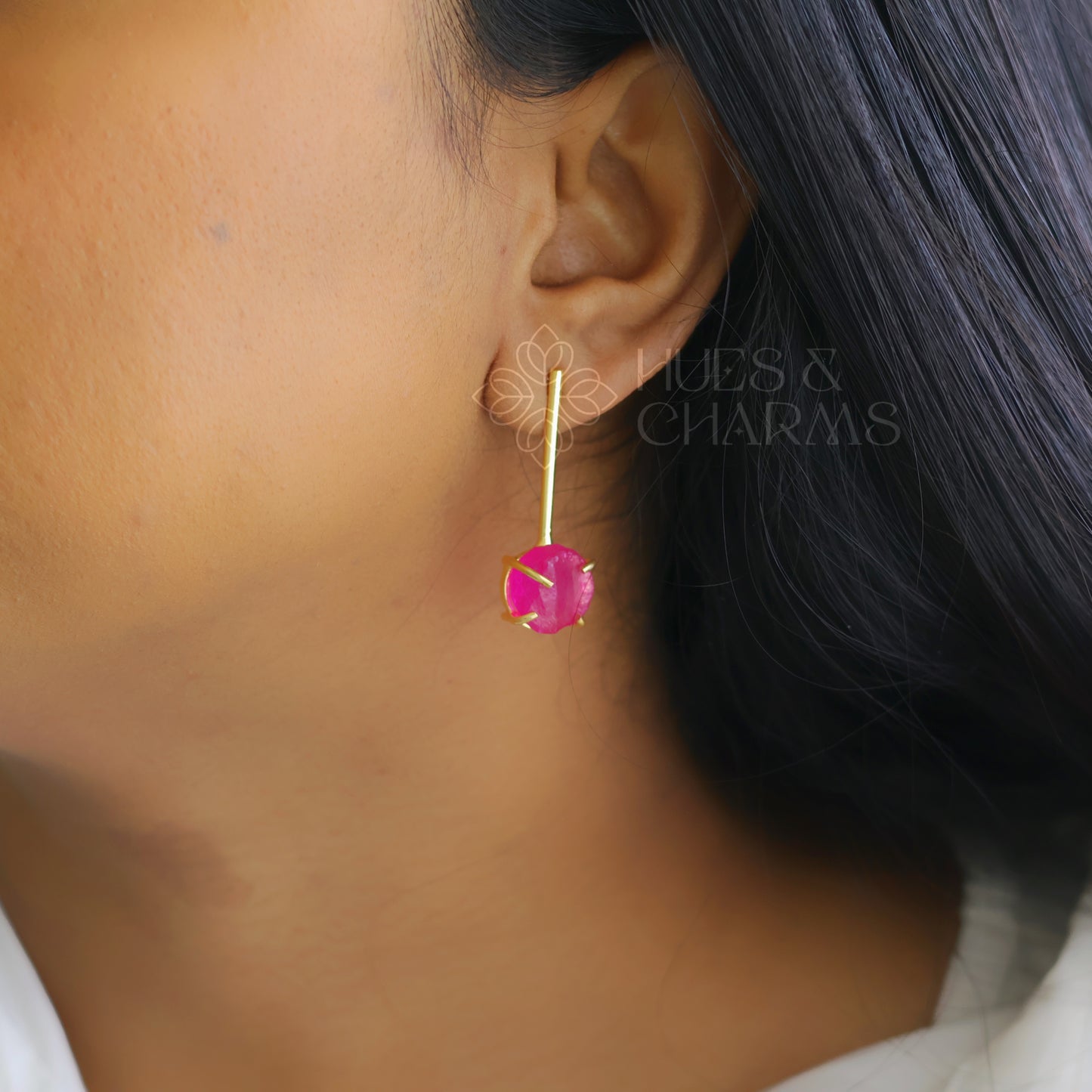 GOLDEN STICK EARRINGS WITH RAW DYED STONE (COLOURS AVAILABLE)