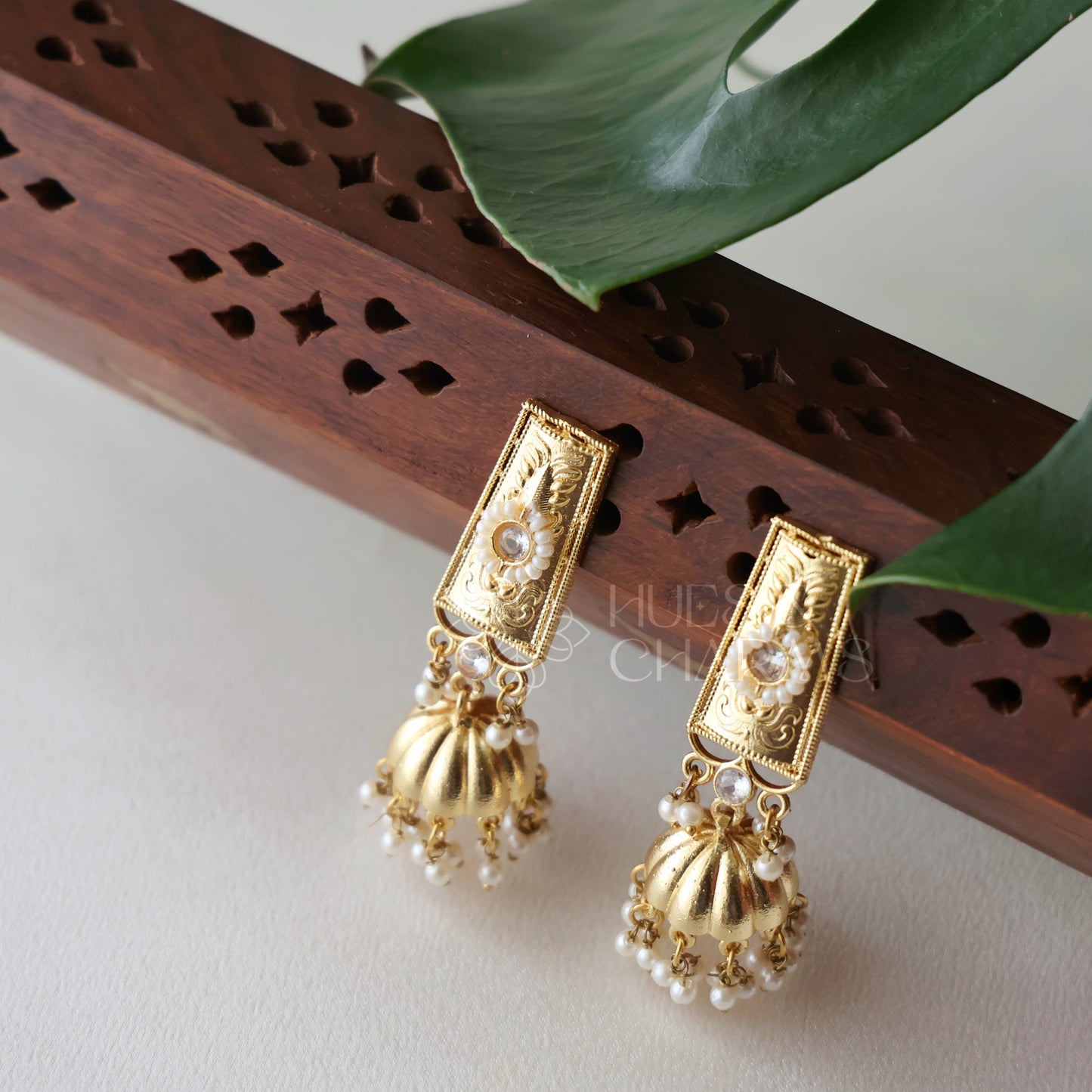 GOLDEN VARNIKA JHUMKA WITH PEARLS (COLOURS AVAILABLE)