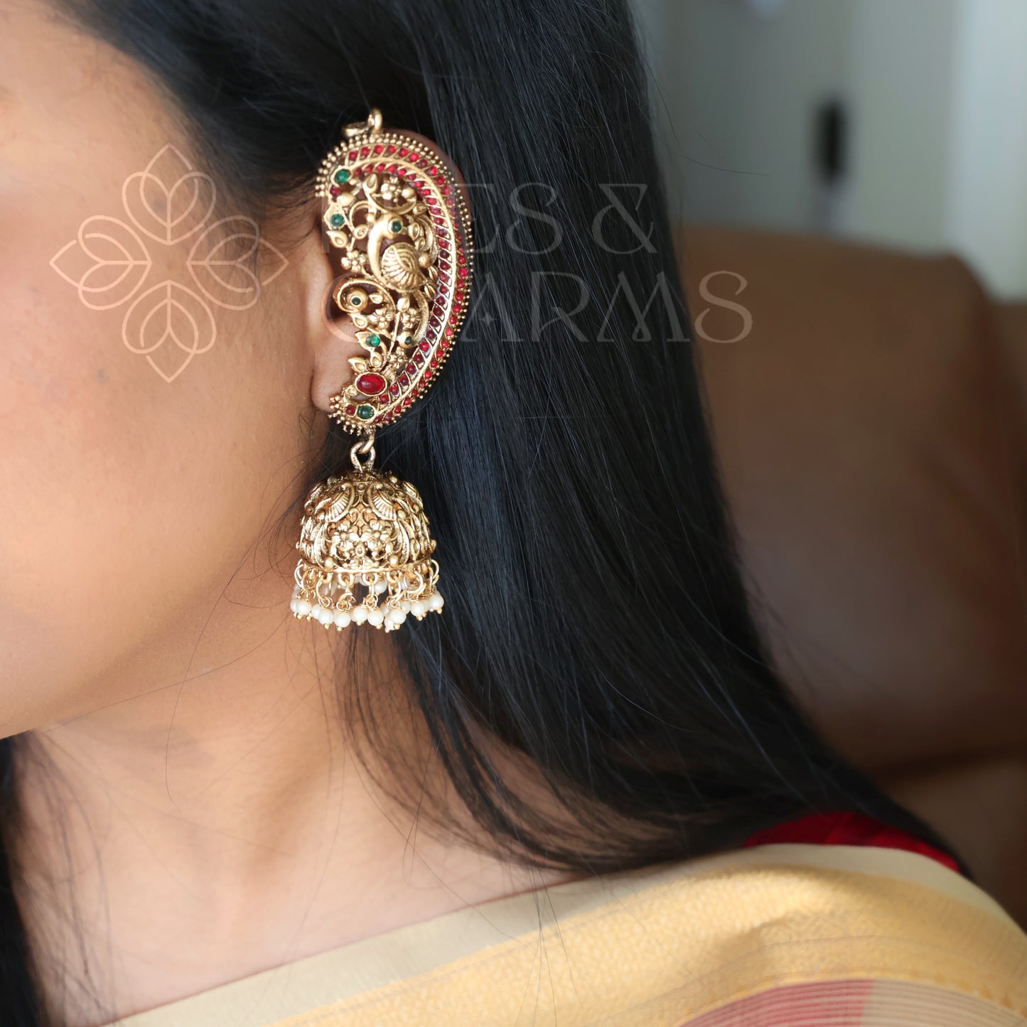 GOLDEN STATEMENT MAYURA EAR CUFF JHUMKAS WITH PEARLS