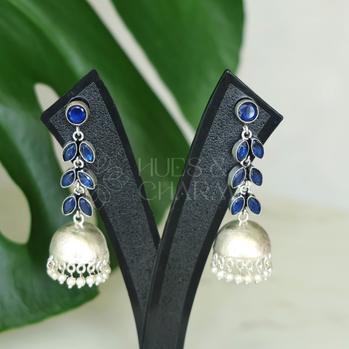 OXIDISED LEAF DROP JHUMKAS WITH CLUSTER PEARLS( COLOURS AVAILABLE )