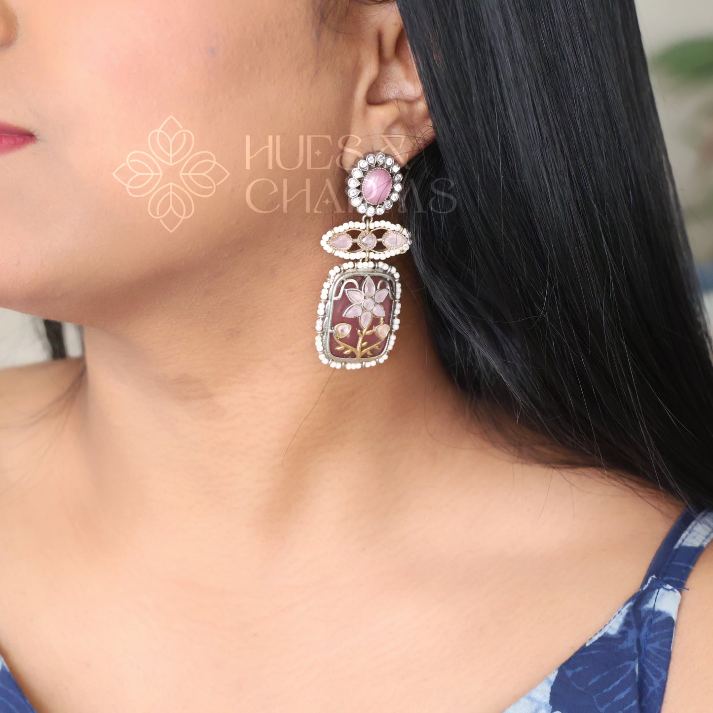 DUAL TONE FLORAL STATEMENT EARRINGS WITH BEADS ( COLOURS AVAILABLE )