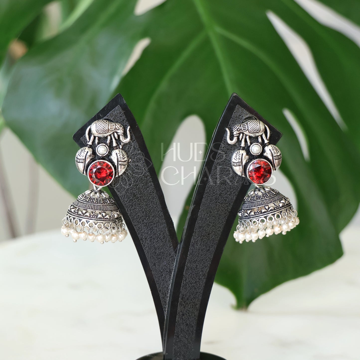 OXIDIZED HATHI JHUMKA EARRINGS WITH CLUSTER PEARLS