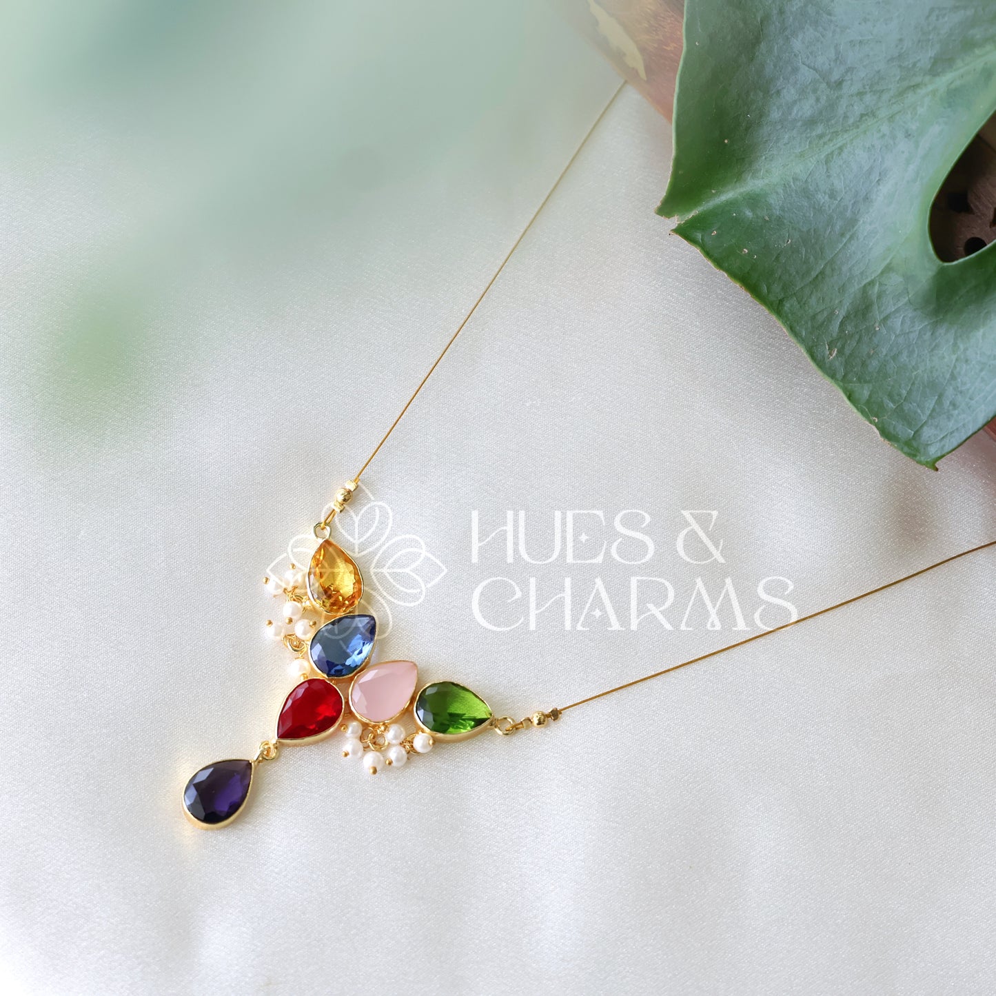 GLOSSY 5 DROP FLOATING NECKPIECE WITH PEARLS (COLOURS AVAILABLE)