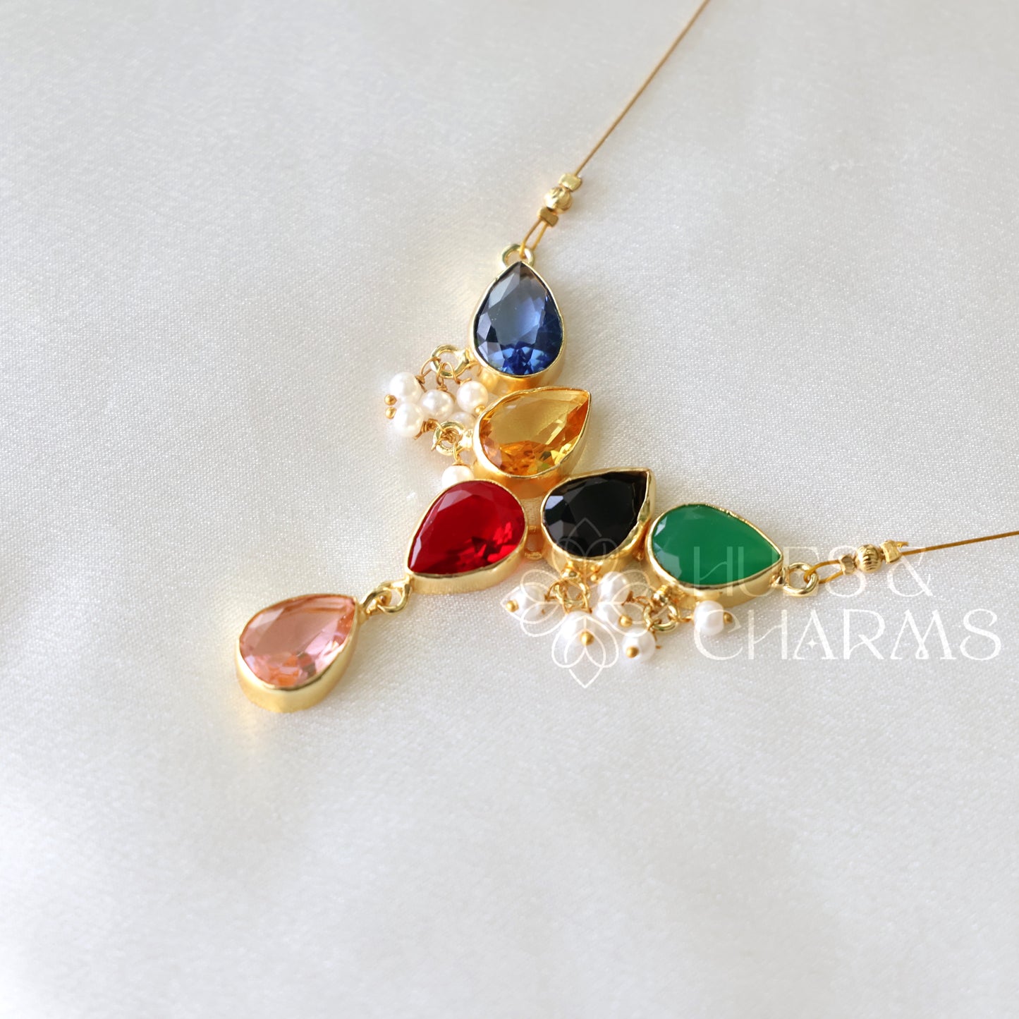 GLOSSY 5 DROP FLOATING NECKPIECE WITH PEARLS (COLOURS AVAILABLE)