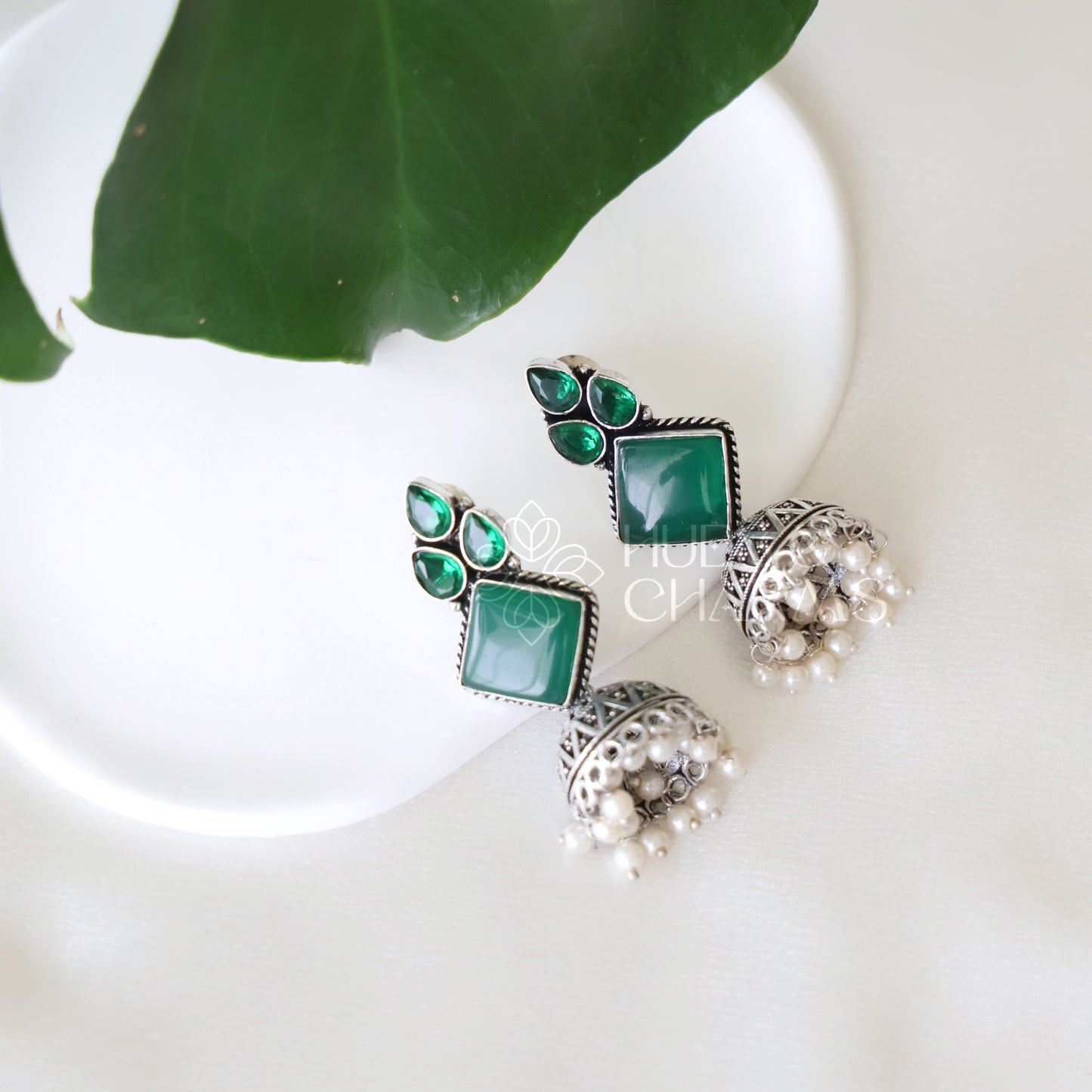 OXIDIZED 3 DROP JHUMKA EARRINGS WITH CLUSTER PEARLS