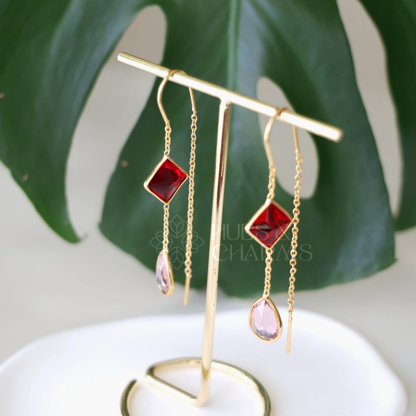 GOLDEN NEEDLE AND THREAD GLOSSY DROP AND DIAMOND EARRINGS