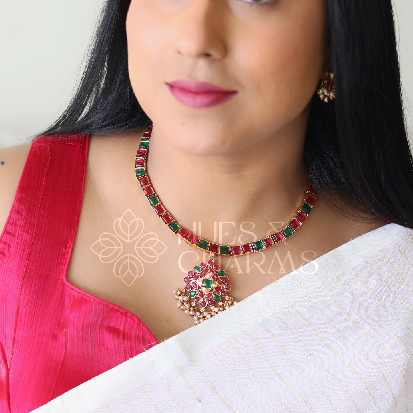 TRADITIONAL RUBY AND GREEN ATTIGAI NECKLACE SET