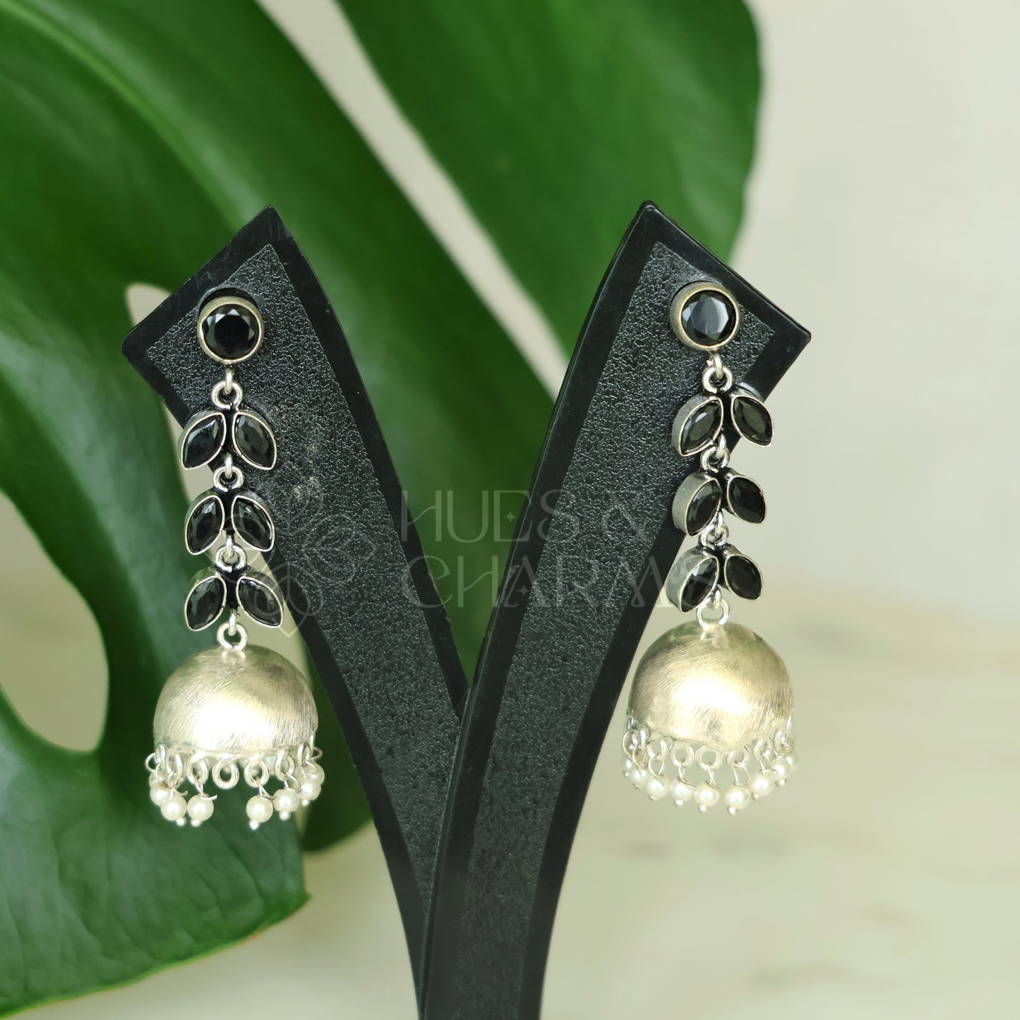 OXIDISED LEAF DROP JHUMKAS WITH CLUSTER PEARLS( COLOURS AVAILABLE )