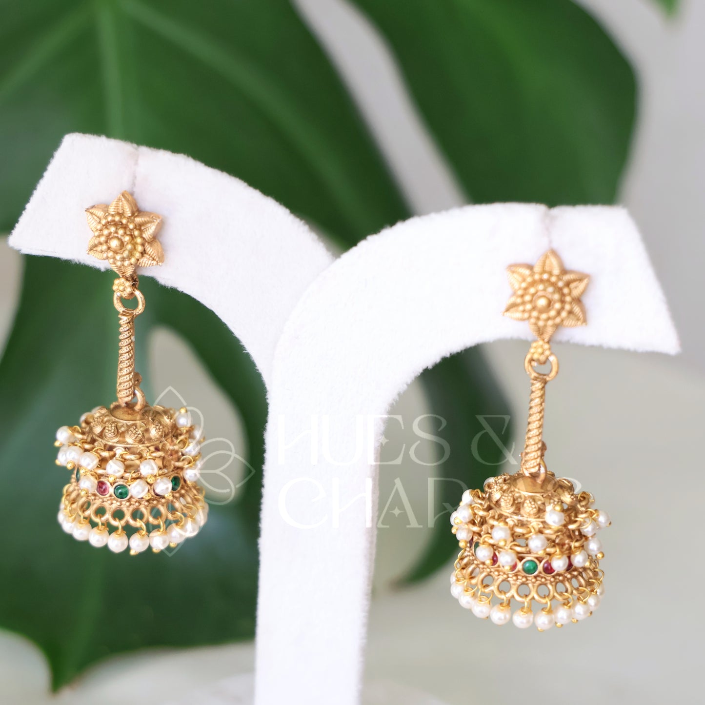 GOLDEN PUSHPA MALA JHUMKA WITH PEARLS