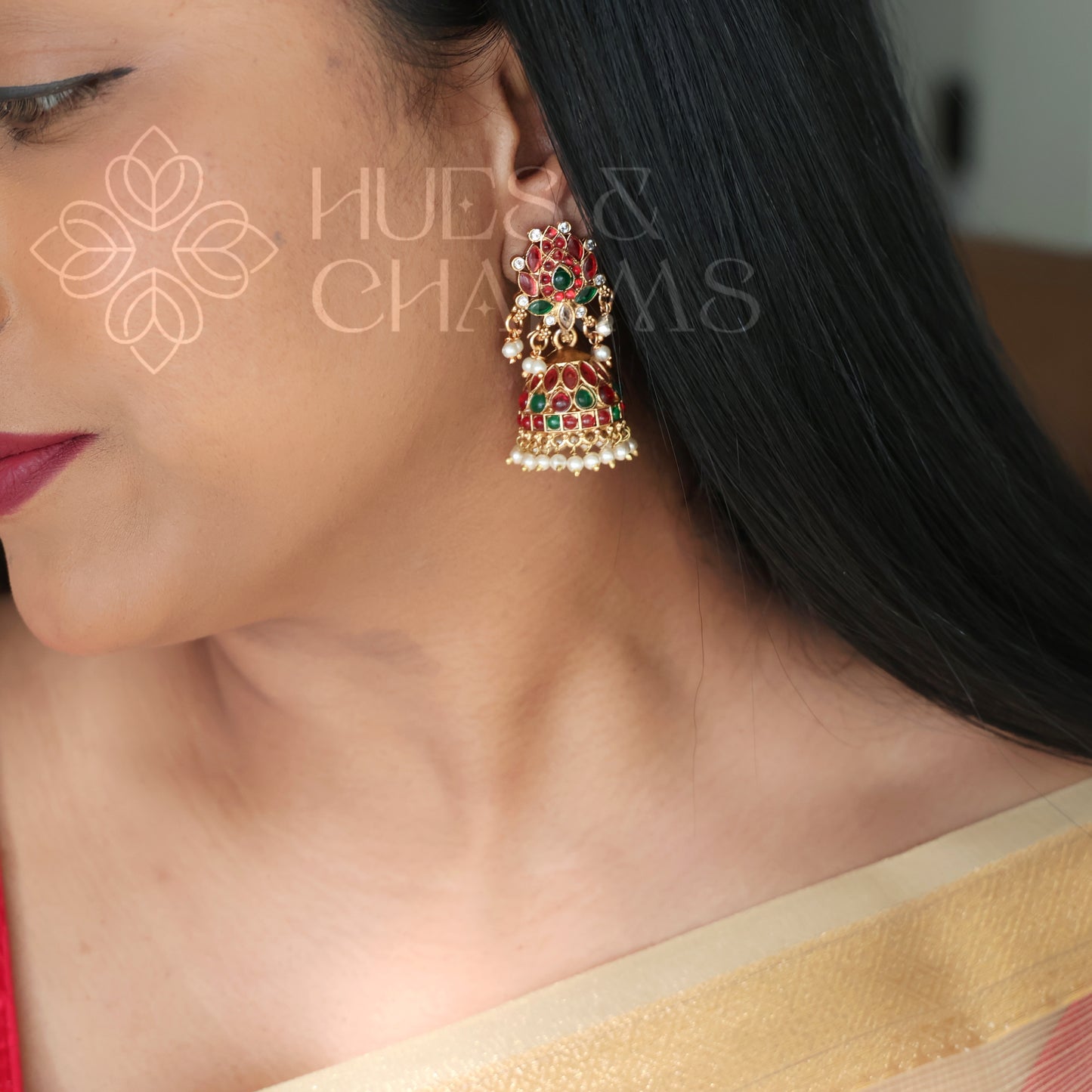 GOLDEN PADMA MOHINI JHUMKA WITH PEARLS
