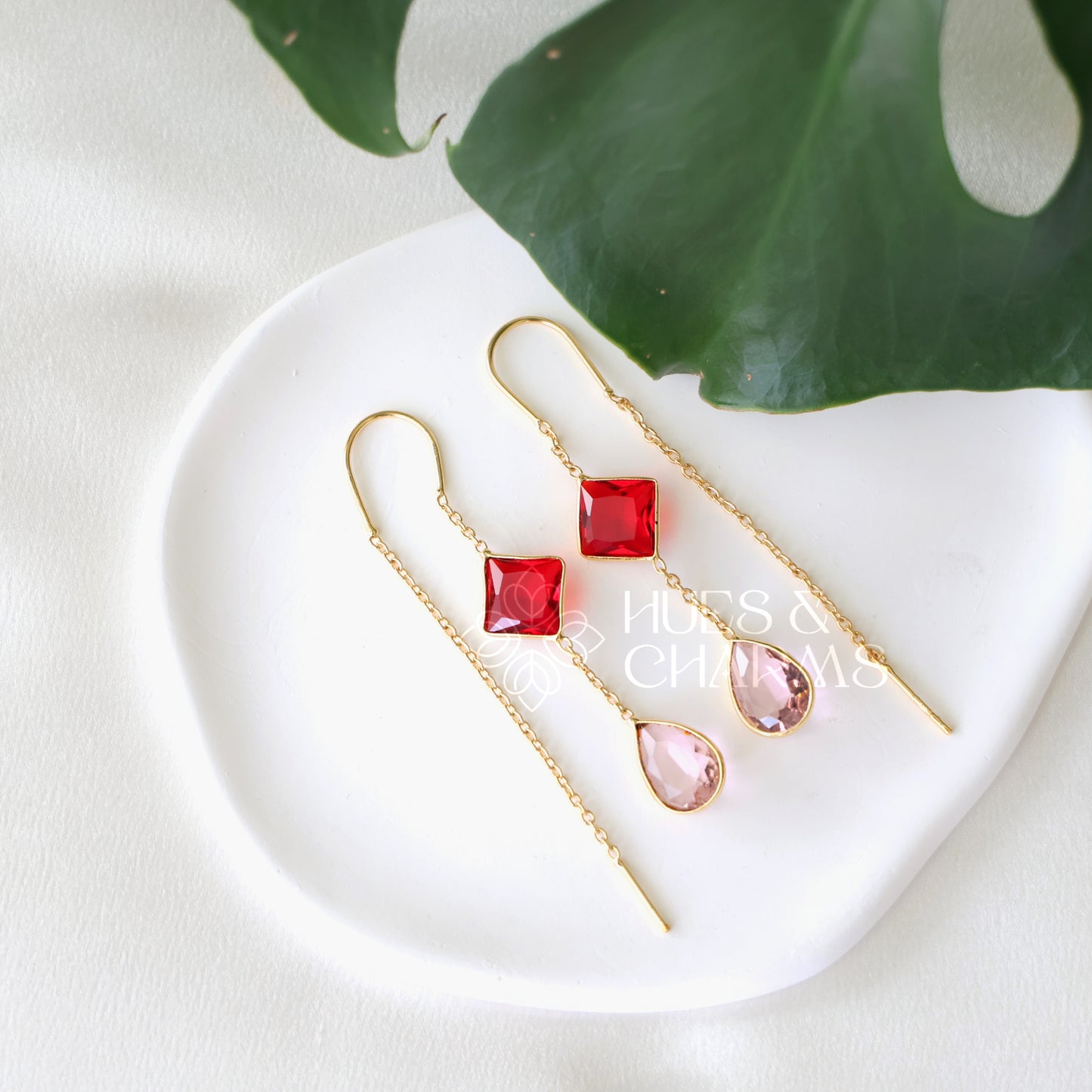 GOLDEN NEEDLE AND THREAD GLOSSY DROP AND DIAMOND EARRINGS