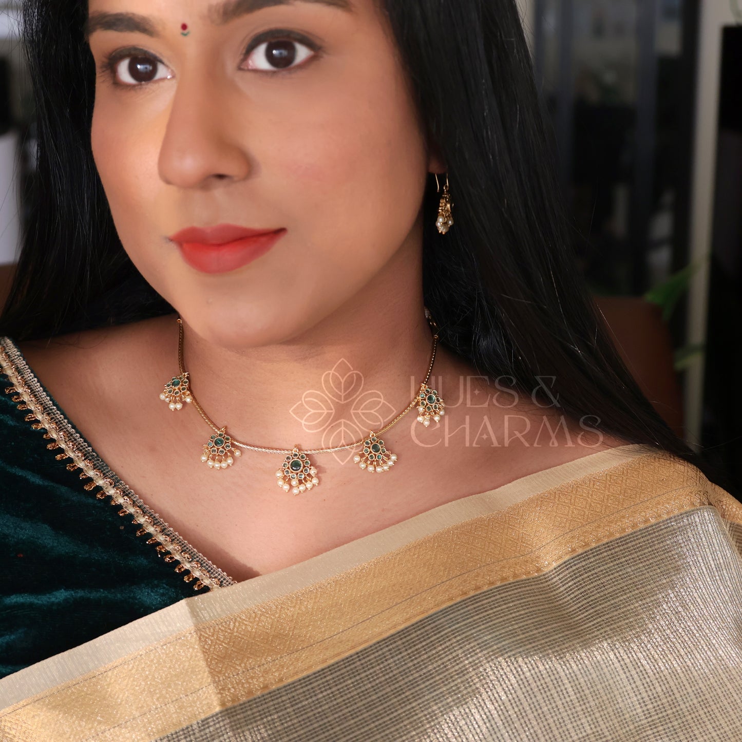 GOLDEN GULMOHAR DROPLET NECKLACE SET (COLOURS AVAILABLE)
