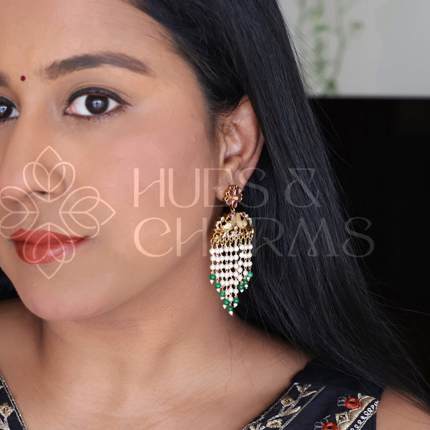 GOLDEN MAYURA PEARL LAYERD FLORAL EARRINGS (COLOURS AVAILABLE )