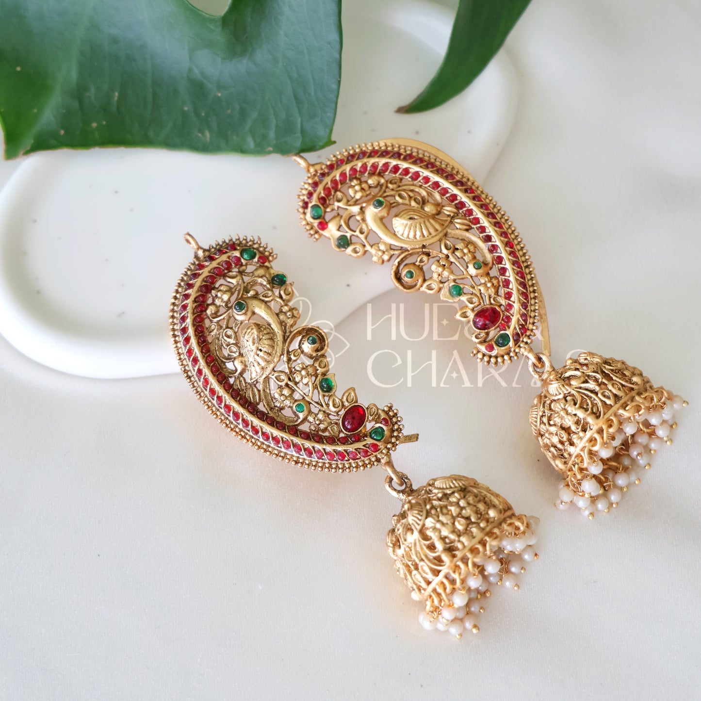 GOLDEN STATEMENT MAYURA EAR CUFF JHUMKAS WITH PEARLS
