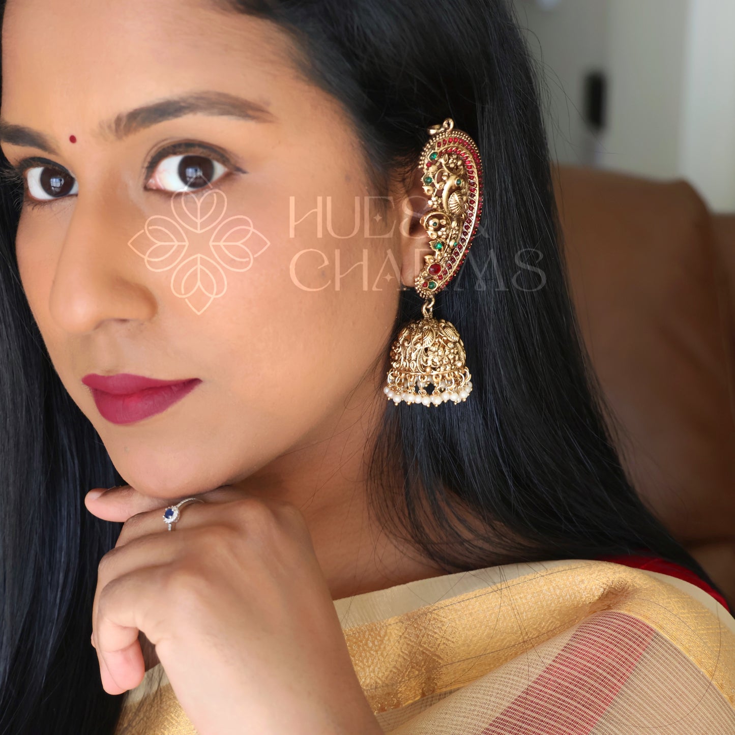 GOLDEN STATEMENT MAYURA EAR CUFF JHUMKAS WITH PEARLS