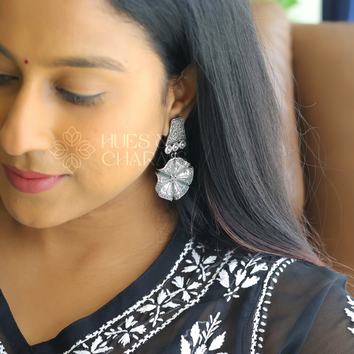 OXIDIZED TEXTURED FLORAL DROP WITH SELF DETAILING EARRINGS