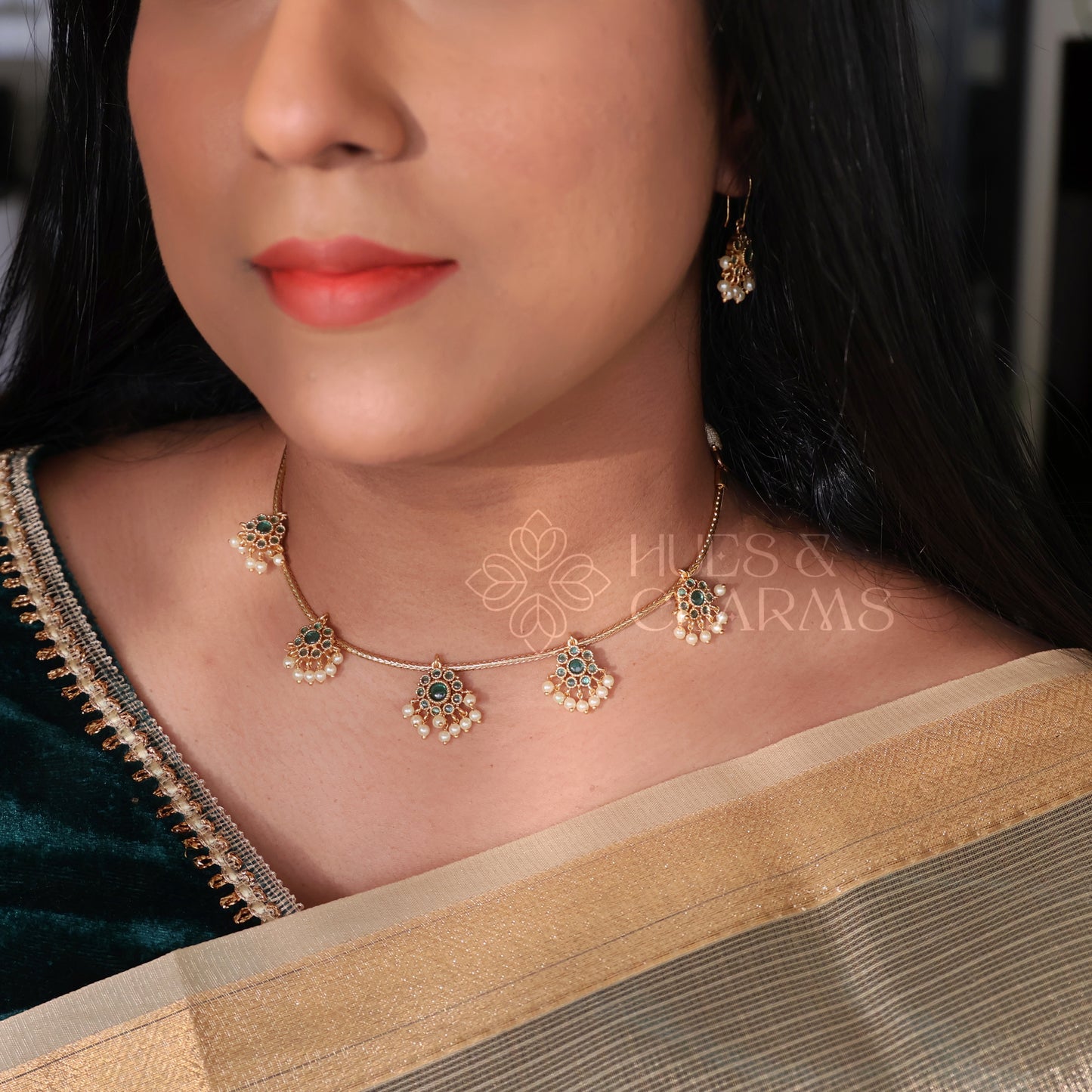 GOLDEN GULMOHAR DROPLET NECKLACE SET (COLOURS AVAILABLE)