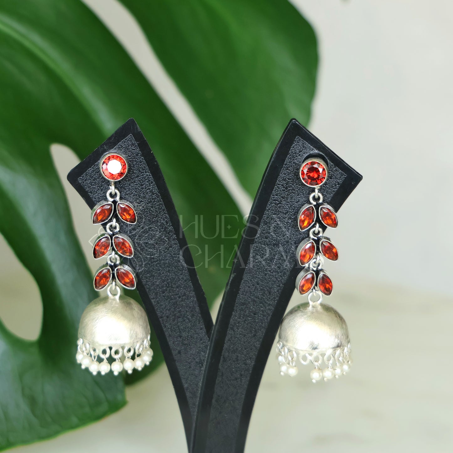OXIDISED LEAF DROP JHUMKAS WITH CLUSTER PEARLS( COLOURS AVAILABLE )