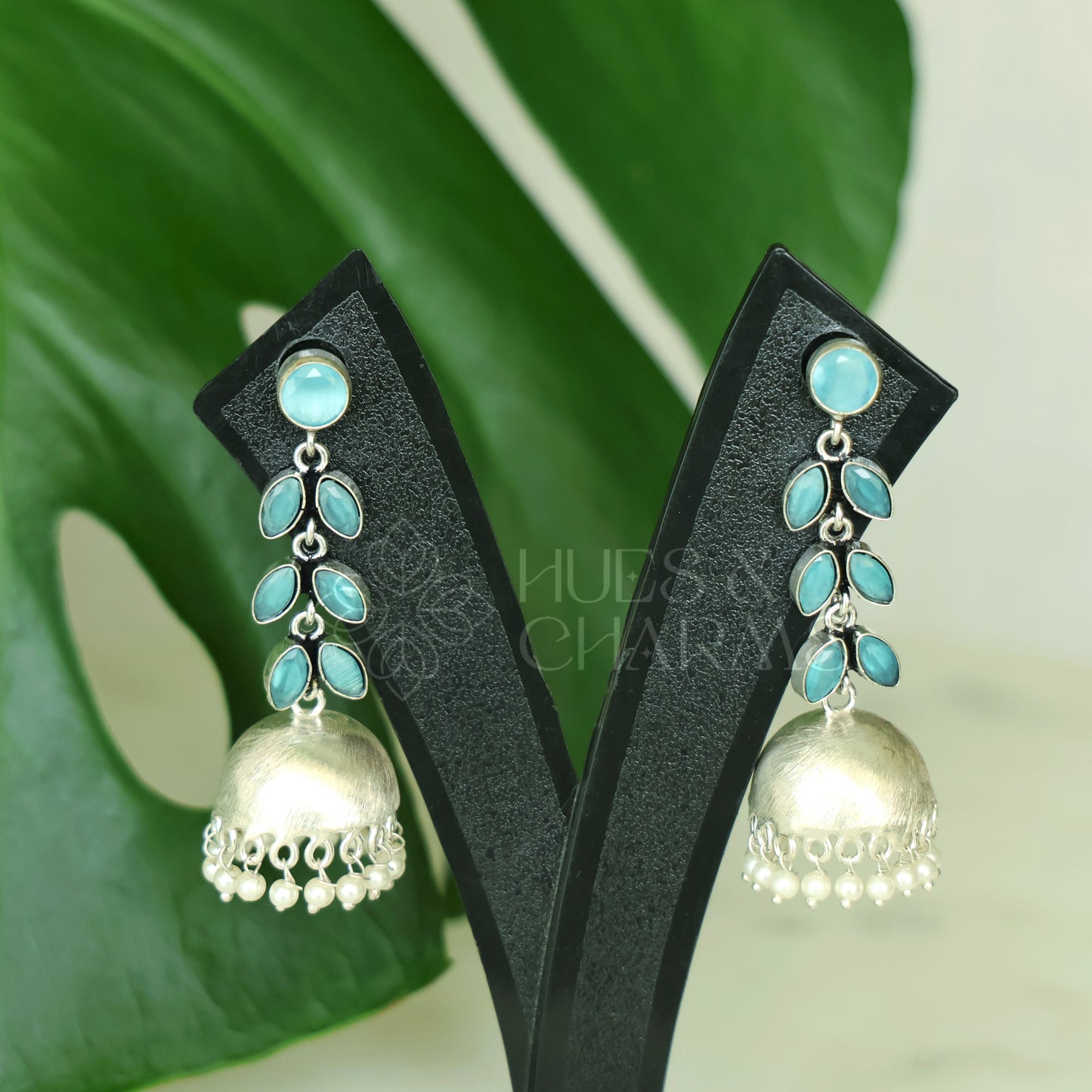 OXIDISED LEAF DROP JHUMKAS WITH CLUSTER PEARLS( COLOURS AVAILABLE )