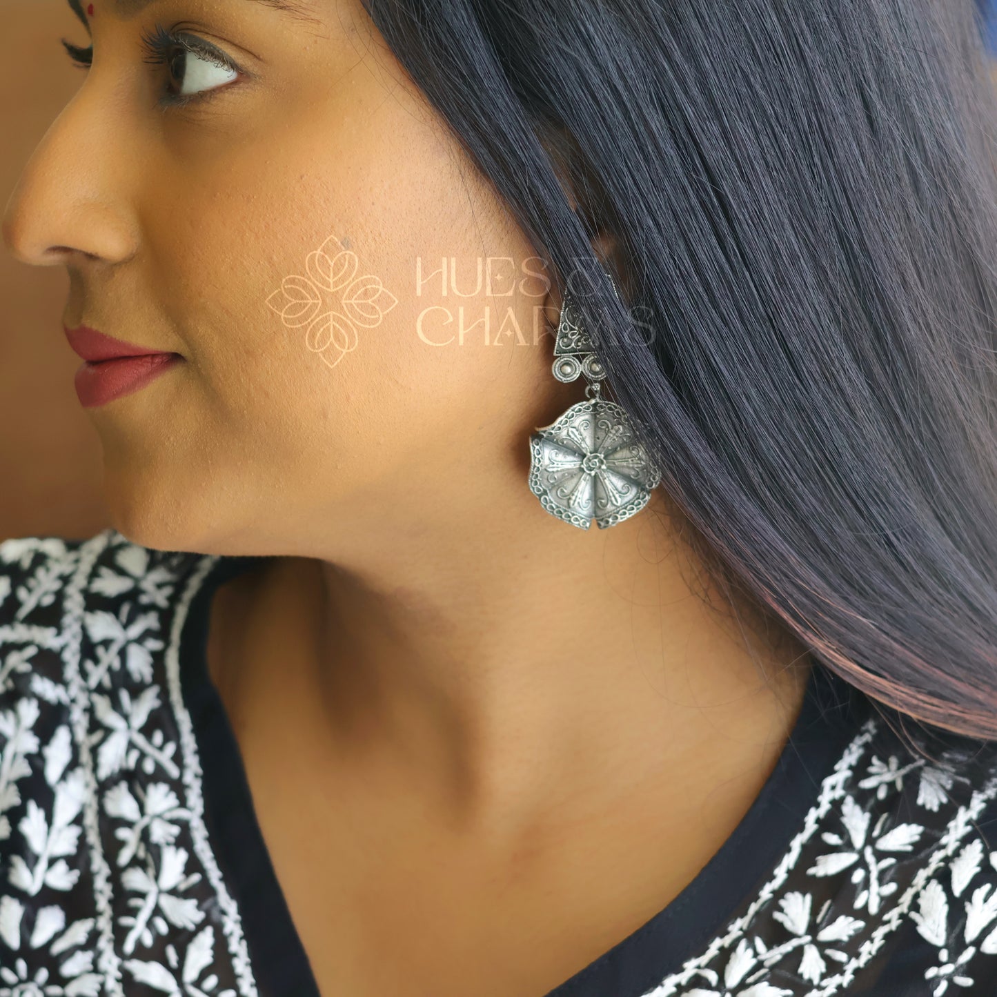 OXIDIZED TEXTURED FLORAL DROP WITH SELF DETAILING EARRINGS