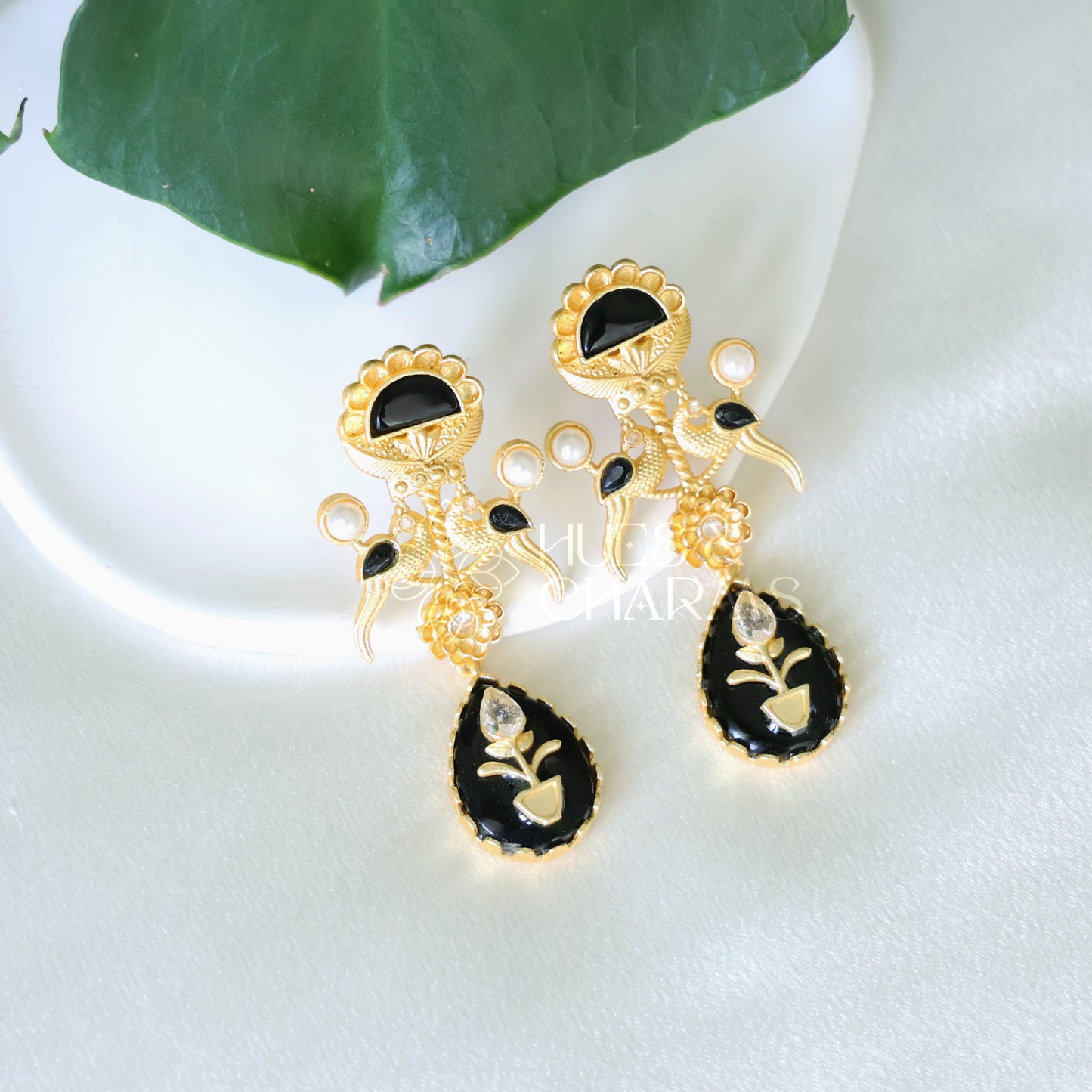 GOLDEN PEACOCK EARRINGS WITH PEARLS (COLOURS AVAILABLE)