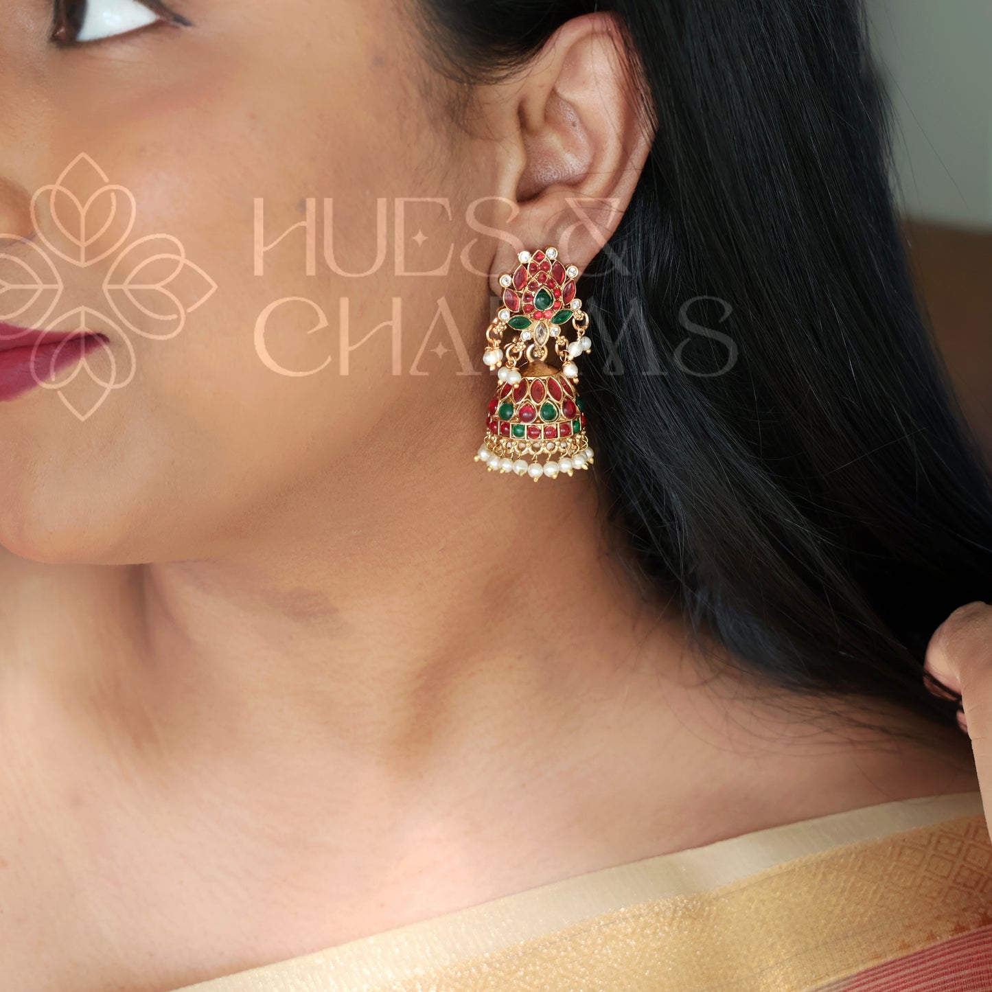 GOLDEN PADMA MOHINI JHUMKA WITH PEARLS