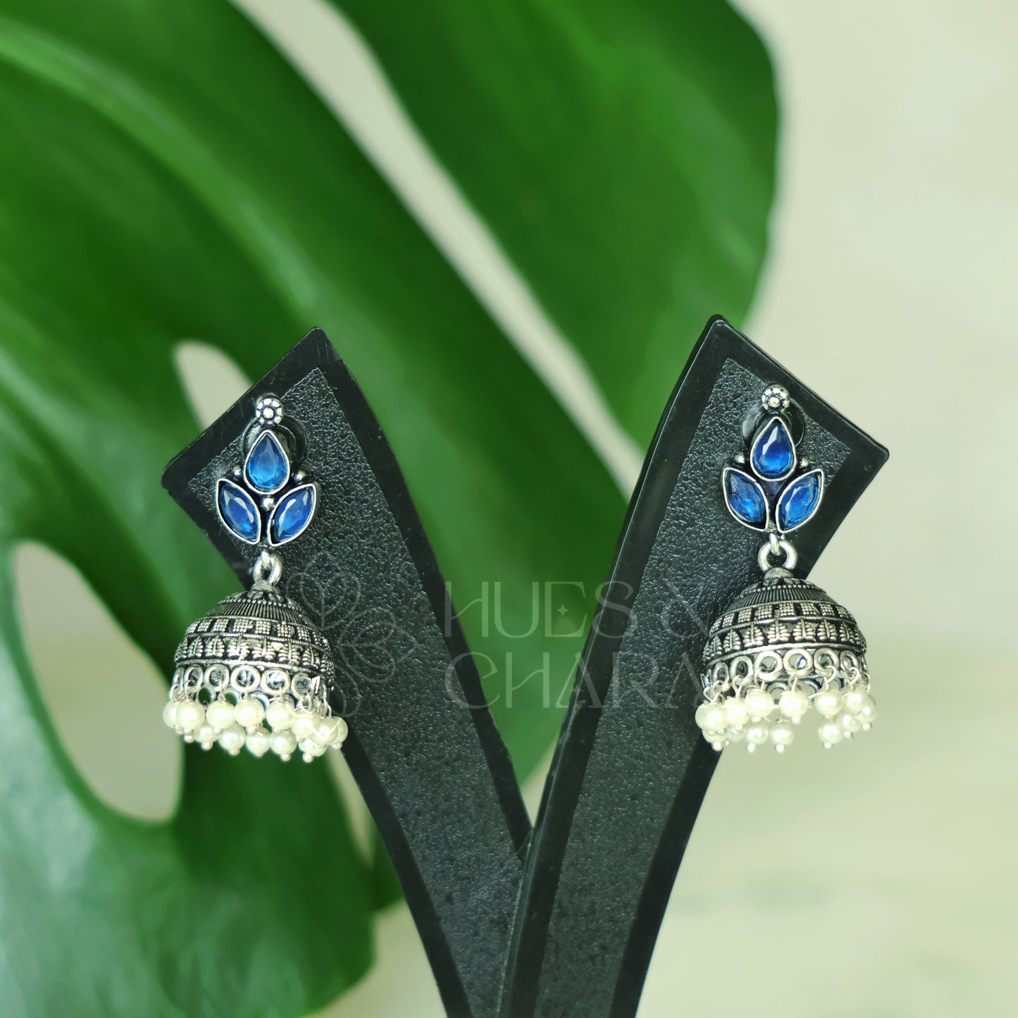 OXIDISED 3 DROP JHUMKAS WITH CLUSTER PEARLS( COLOURS AVAILABLE )
