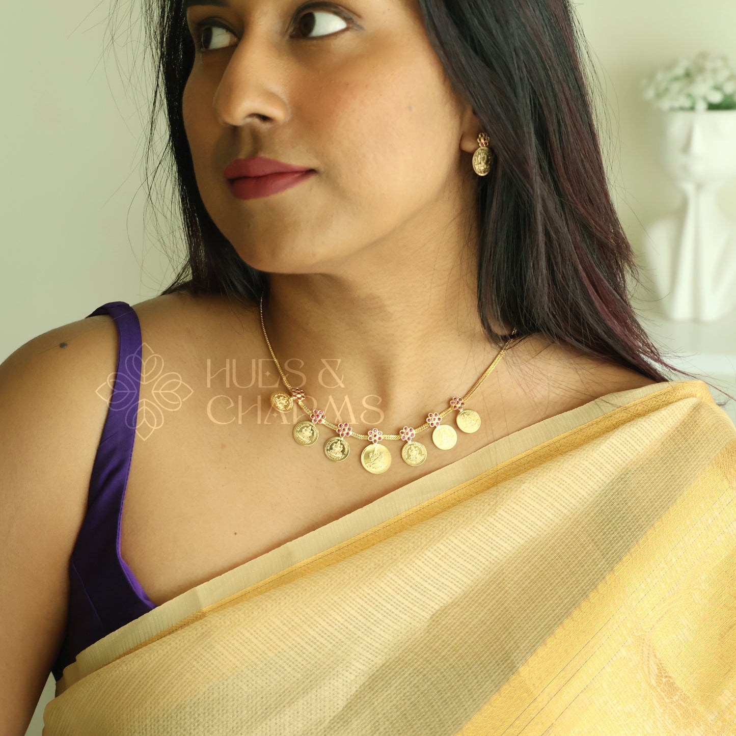 TRADITIONAL LAKSHMI 7-COIN RUBY NECKLACE SET |GOLD PLATED