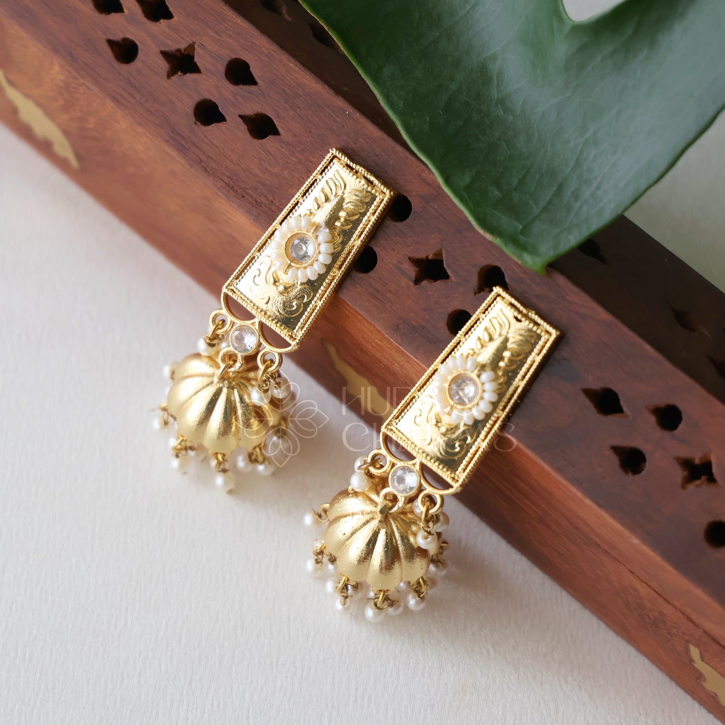 GOLDEN VARNIKA JHUMKA WITH PEARLS (COLOURS AVAILABLE)