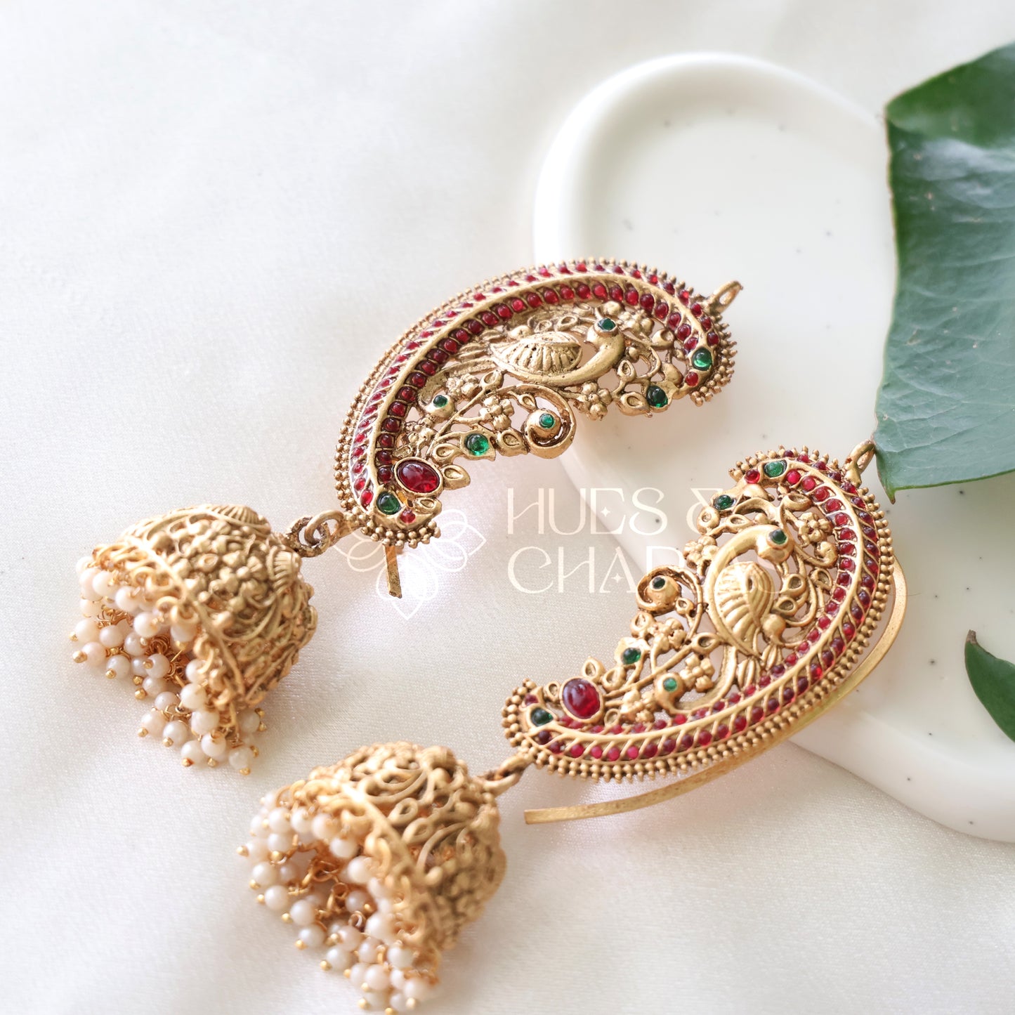 GOLDEN STATEMENT MAYURA EAR CUFF JHUMKAS WITH PEARLS