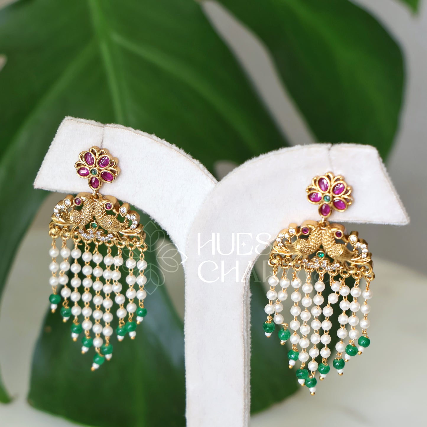 GOLDEN MAYURA PEARL LAYERD FLORAL EARRINGS (COLOURS AVAILABLE )