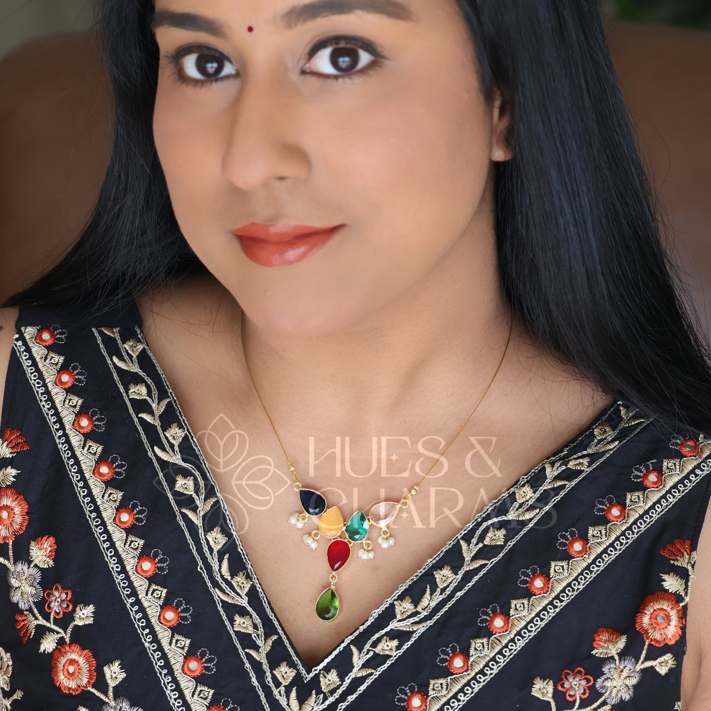 GLOSSY 5 DROP FLOATING NECKPIECE WITH PEARLS (COLOURS AVAILABLE)