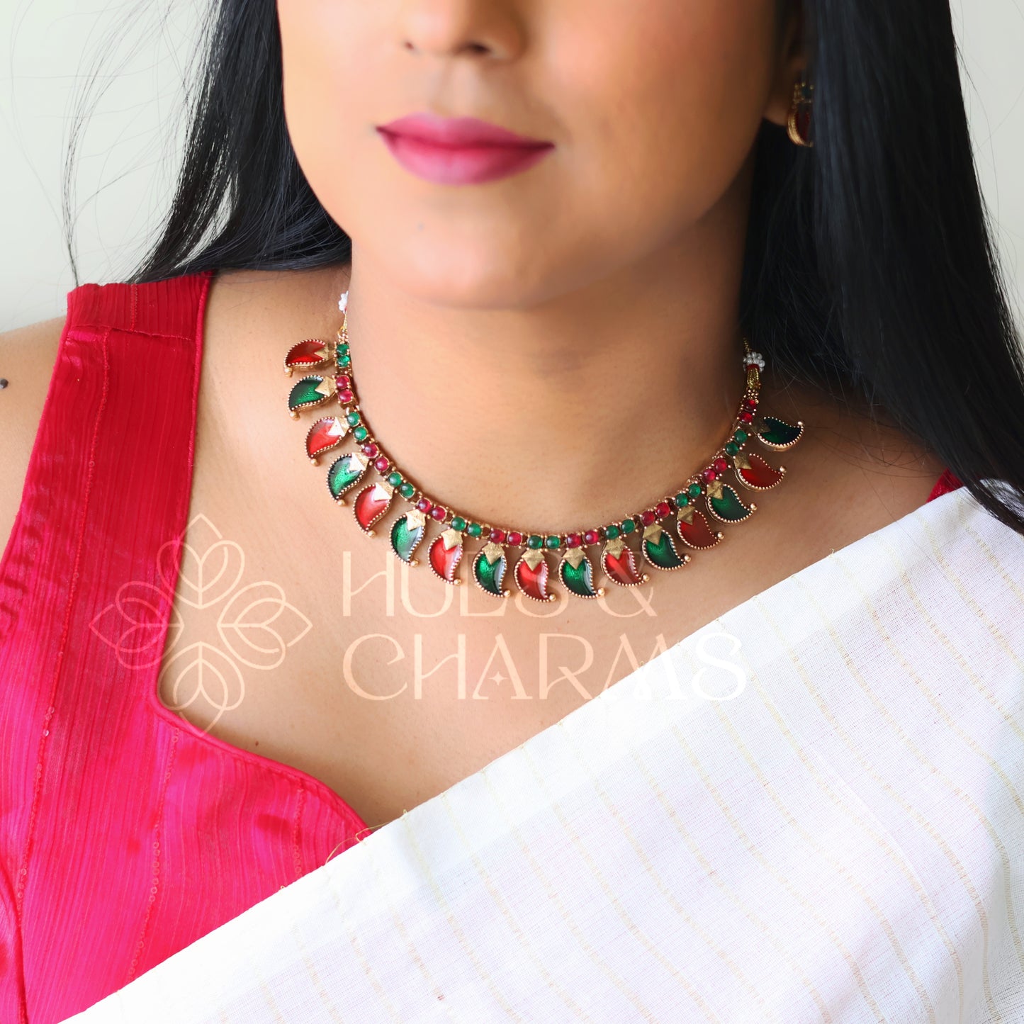 TRADITIONAL RUBY AND GREEN STATEMENT PALAKKA NECKLACE SET