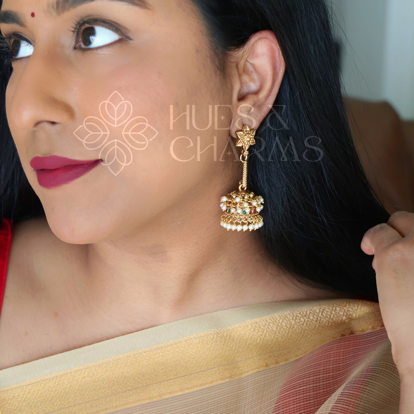 GOLDEN PUSHPA MALA JHUMKA WITH PEARLS
