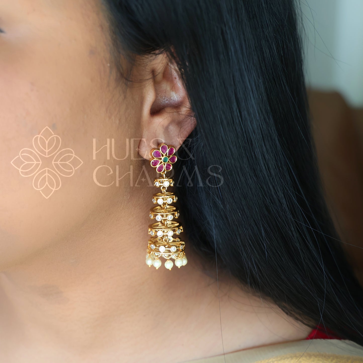 GOLDEN SPIRAL JHUMKA WITH PEARLS (COLOURS AVAILABLE)