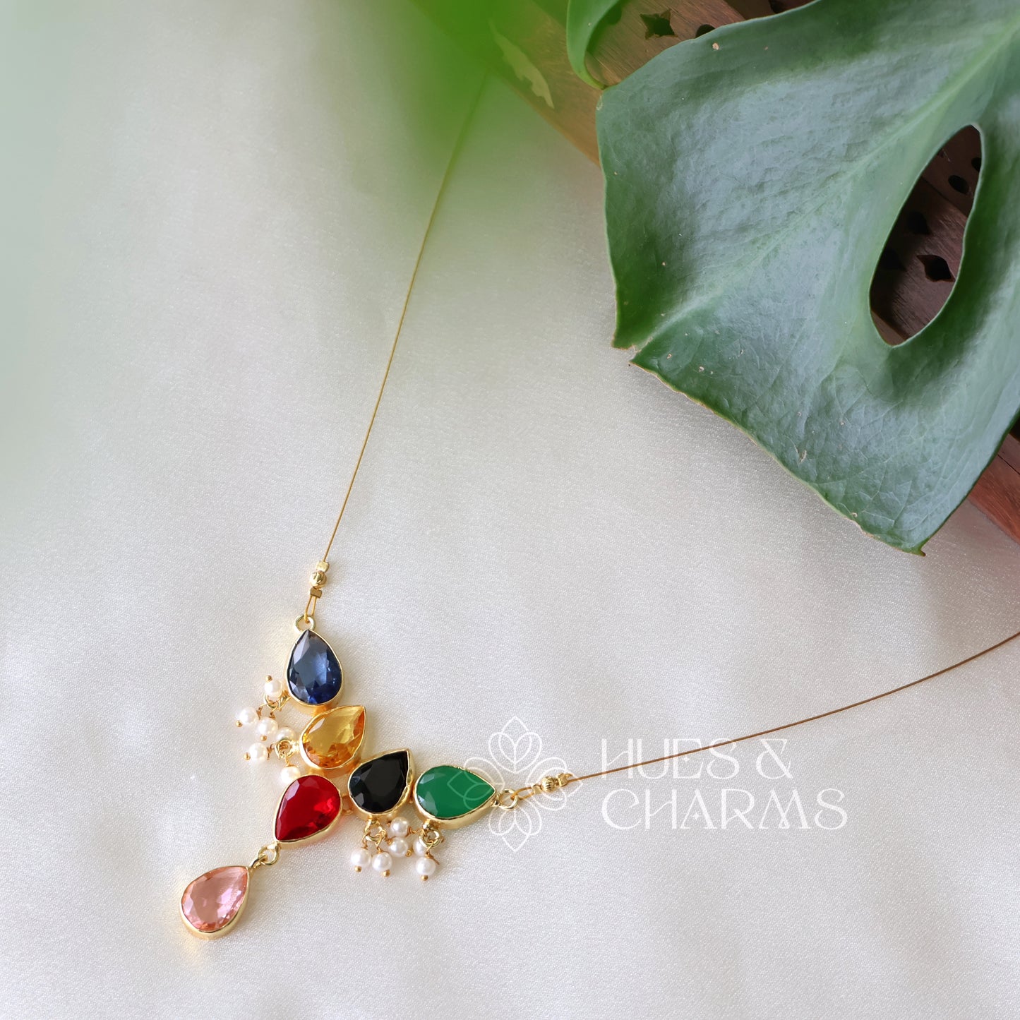 GLOSSY 5 DROP FLOATING NECKPIECE WITH PEARLS (COLOURS AVAILABLE)