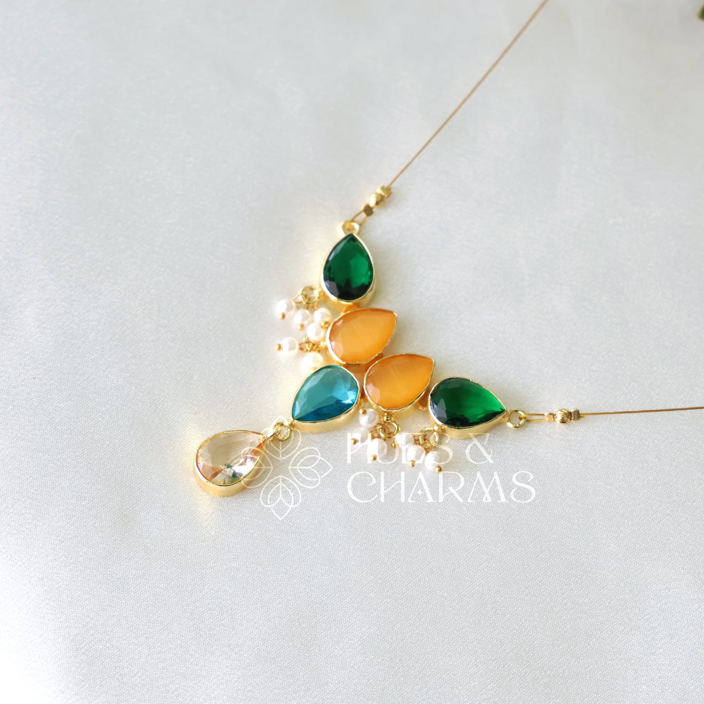 GLOSSY 5 DROP FLOATING NECKPIECE WITH PEARLS (COLOURS AVAILABLE)