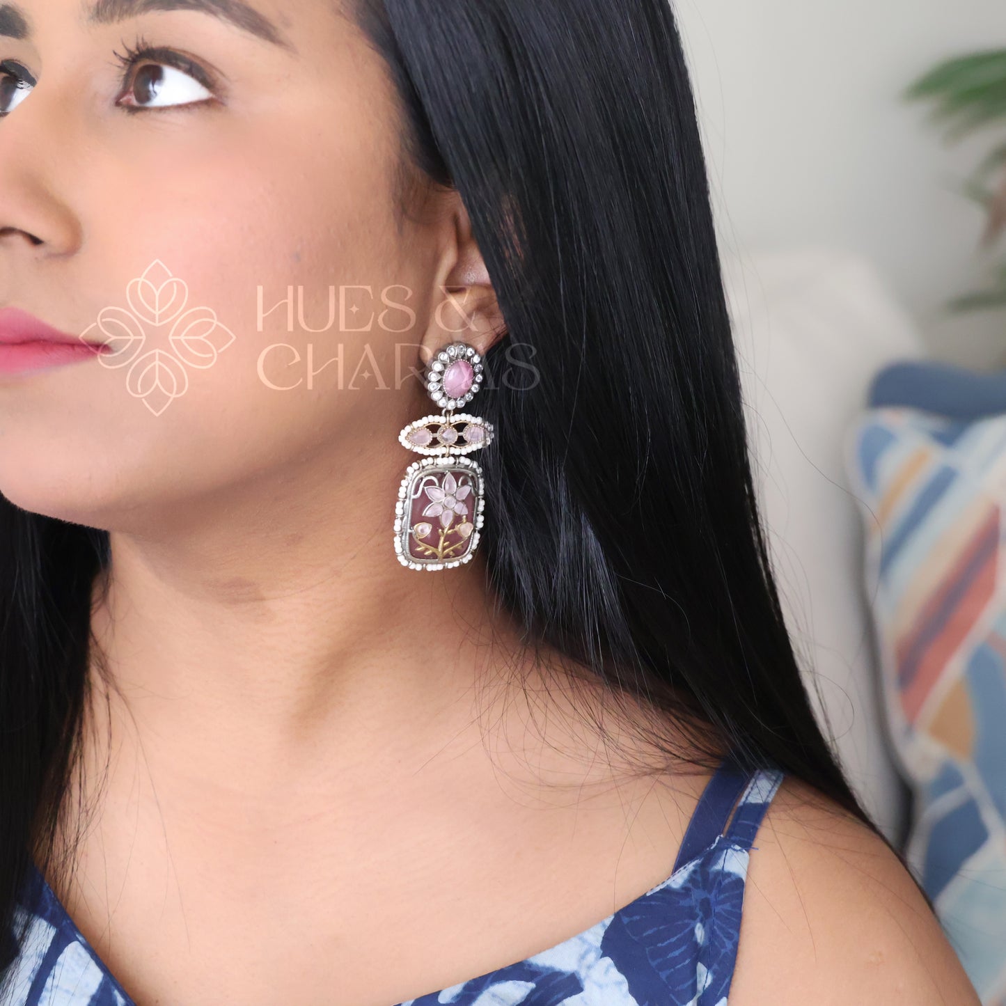 DUAL TONE FLORAL STATEMENT EARRINGS WITH BEADS ( COLOURS AVAILABLE )