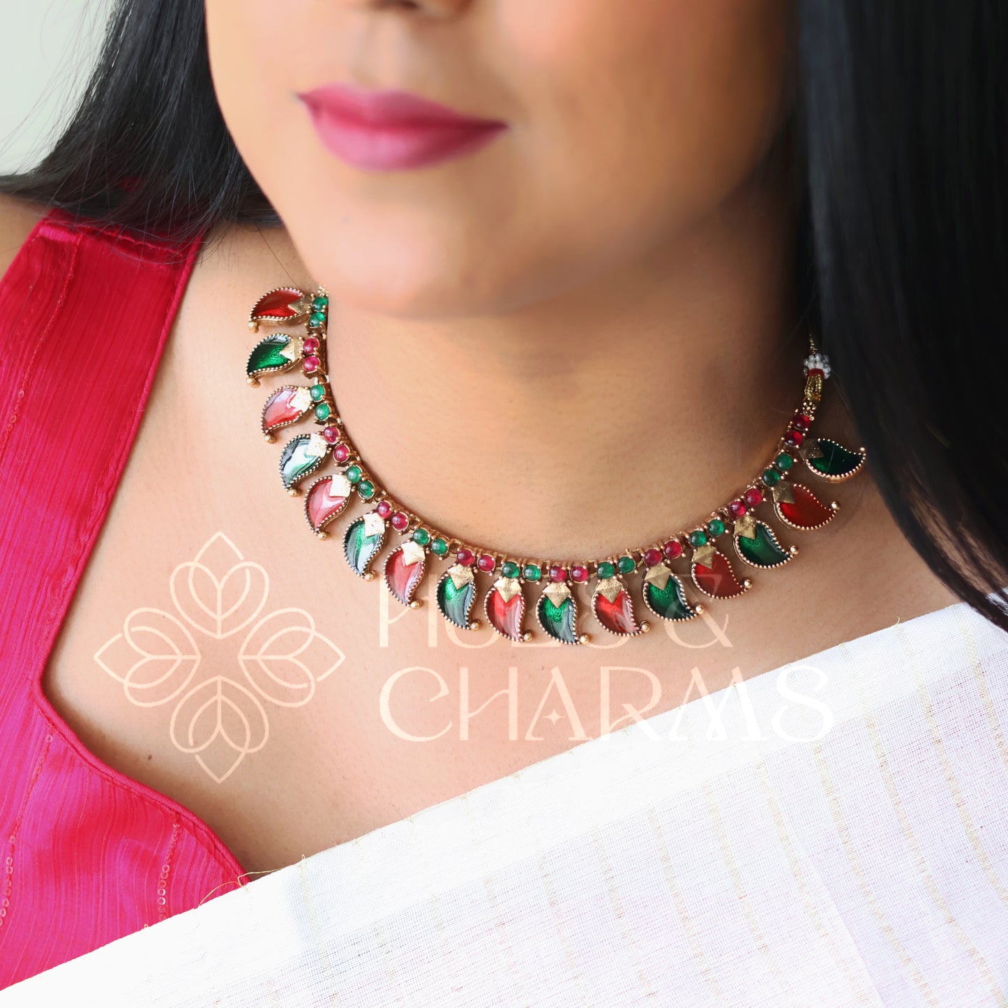 TRADITIONAL RUBY AND GREEN STATEMENT PALAKKA NECKLACE SET