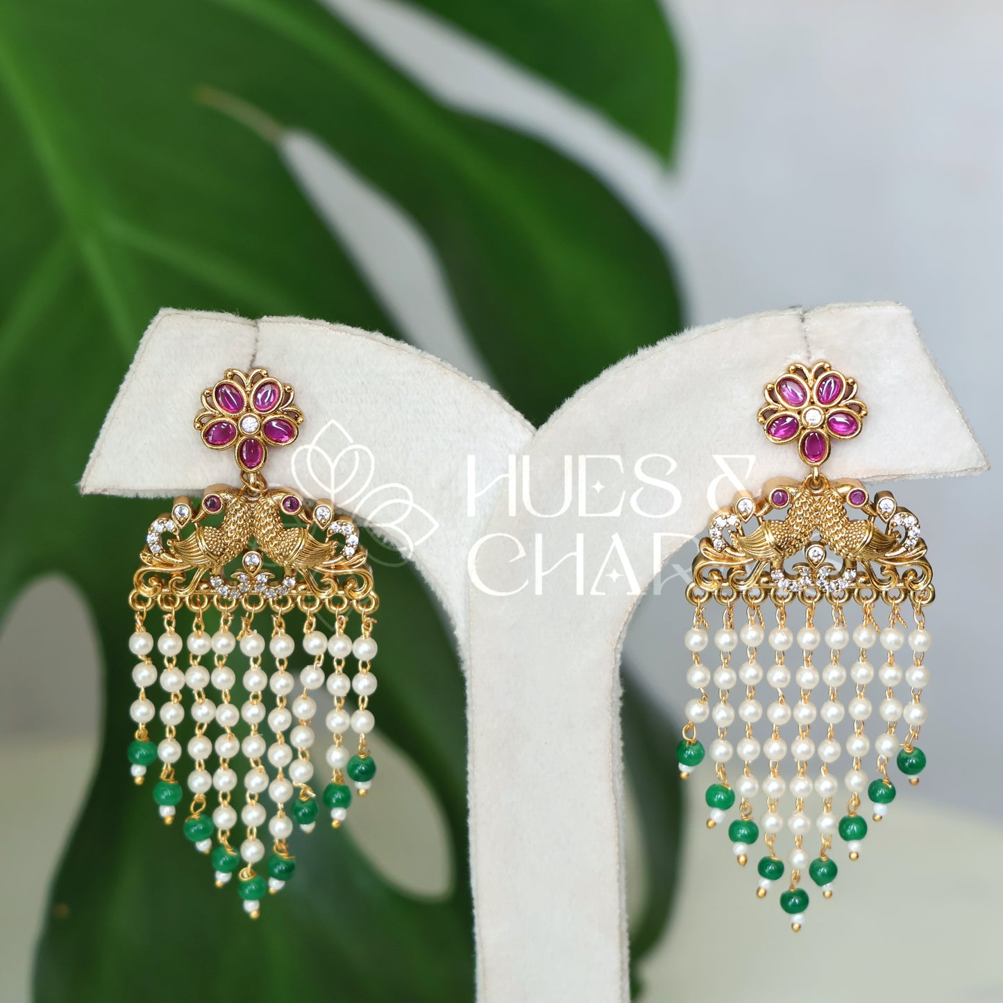 GOLDEN MAYURA PEARL LAYERD FLORAL EARRINGS (COLOURS AVAILABLE )