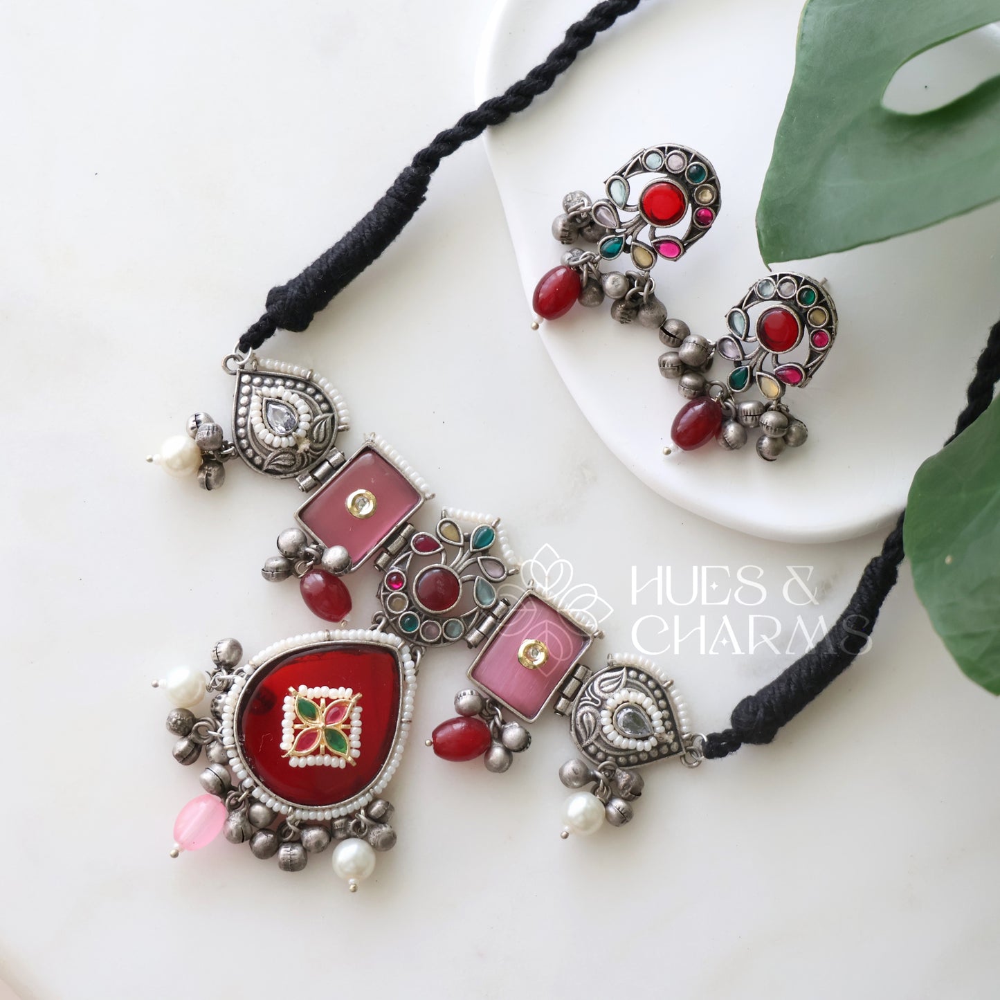 OXIDIZED GLOSSY GHUNGHROO CHOKER SET(Colours available )