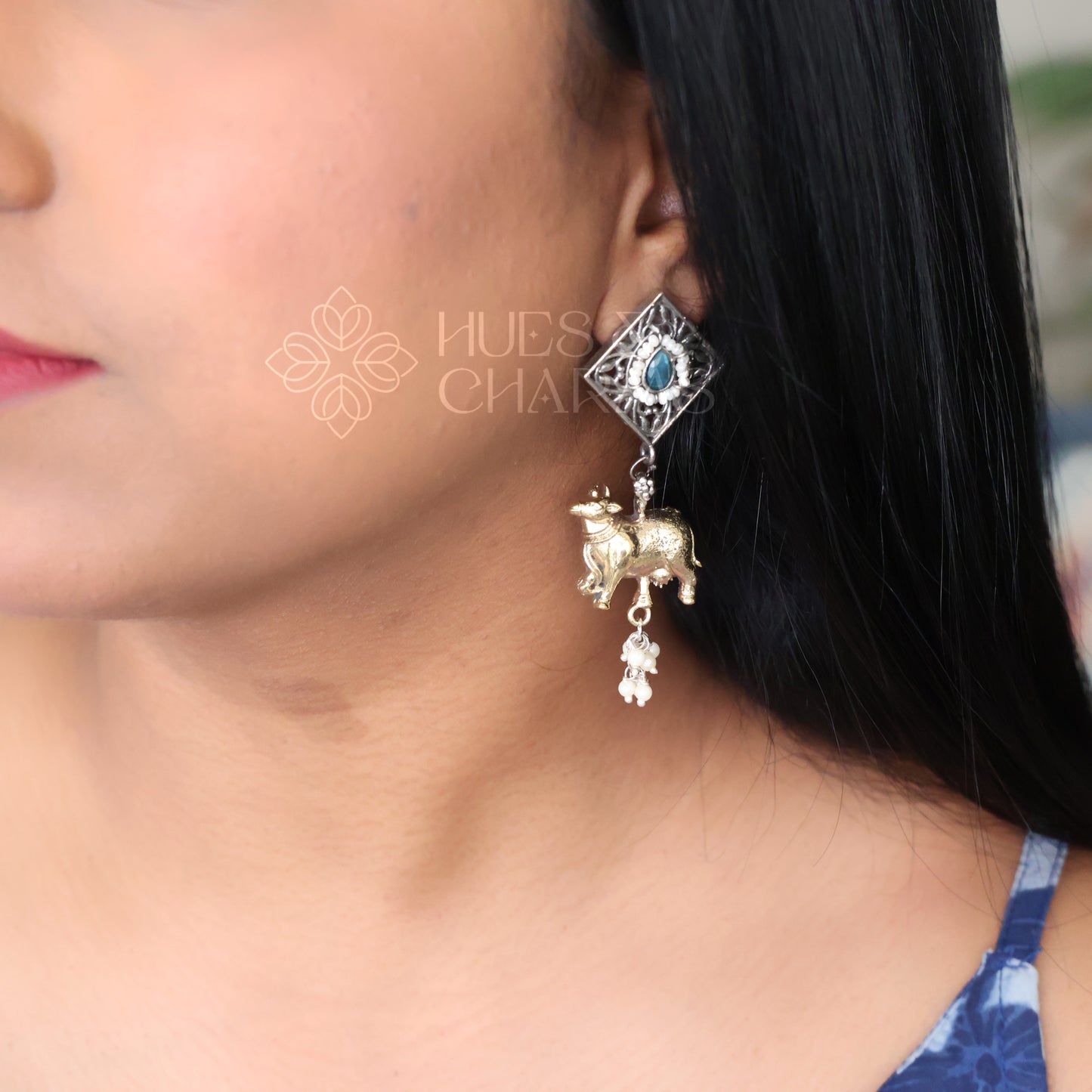 OXIDIZED DUAL TONE NANDI EARRINGS WITH CLUSTER PEARLS (Colours available )