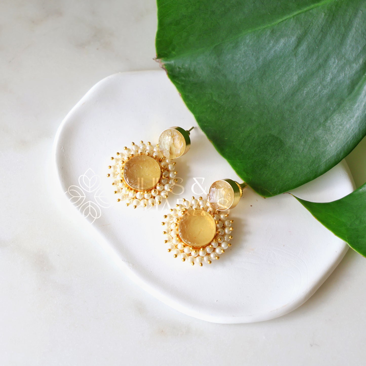 GOLDEN FLORA RAW STONE DANGLER EARRINGS WITH CLUSTER PEARLS (COLOURS AVAILABLE)